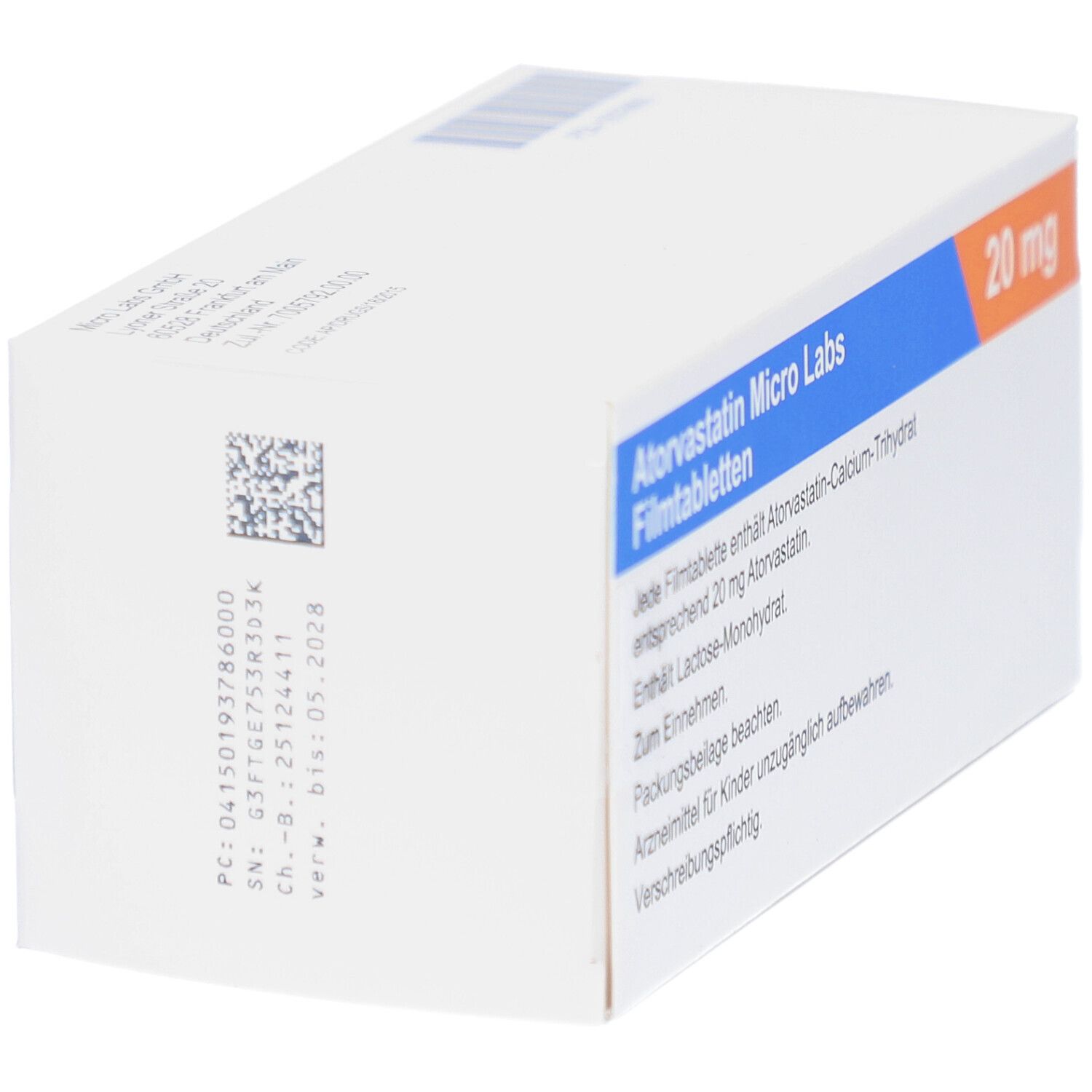 Weiße Schachtel mit blauer und orangerfarbener Beschriftung. Enthält Atorvastatin Micro Labs 20 mg Filmtabletten.