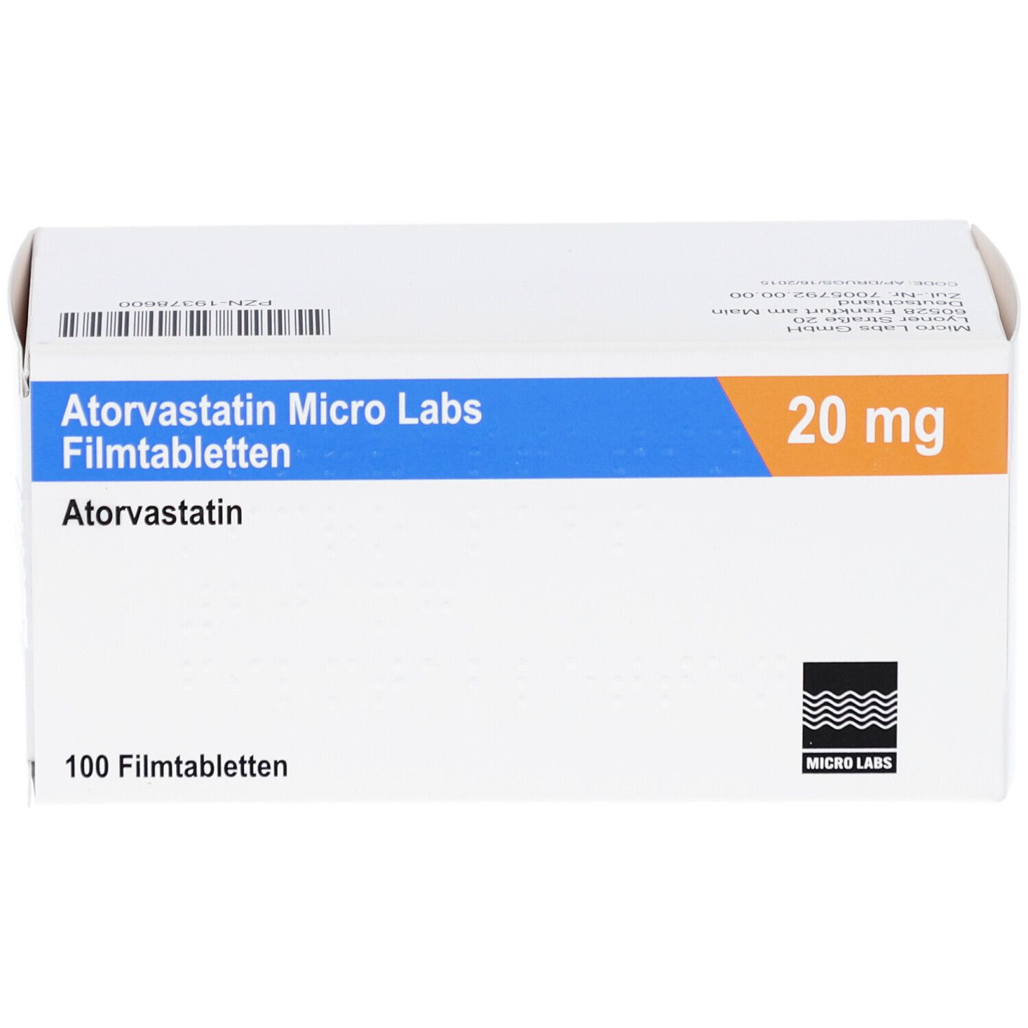 Weiße Schachtel mit blauer und orangerfarbener Beschriftung. Enthält Atorvastatin Micro Labs 20 mg Filmtabletten.