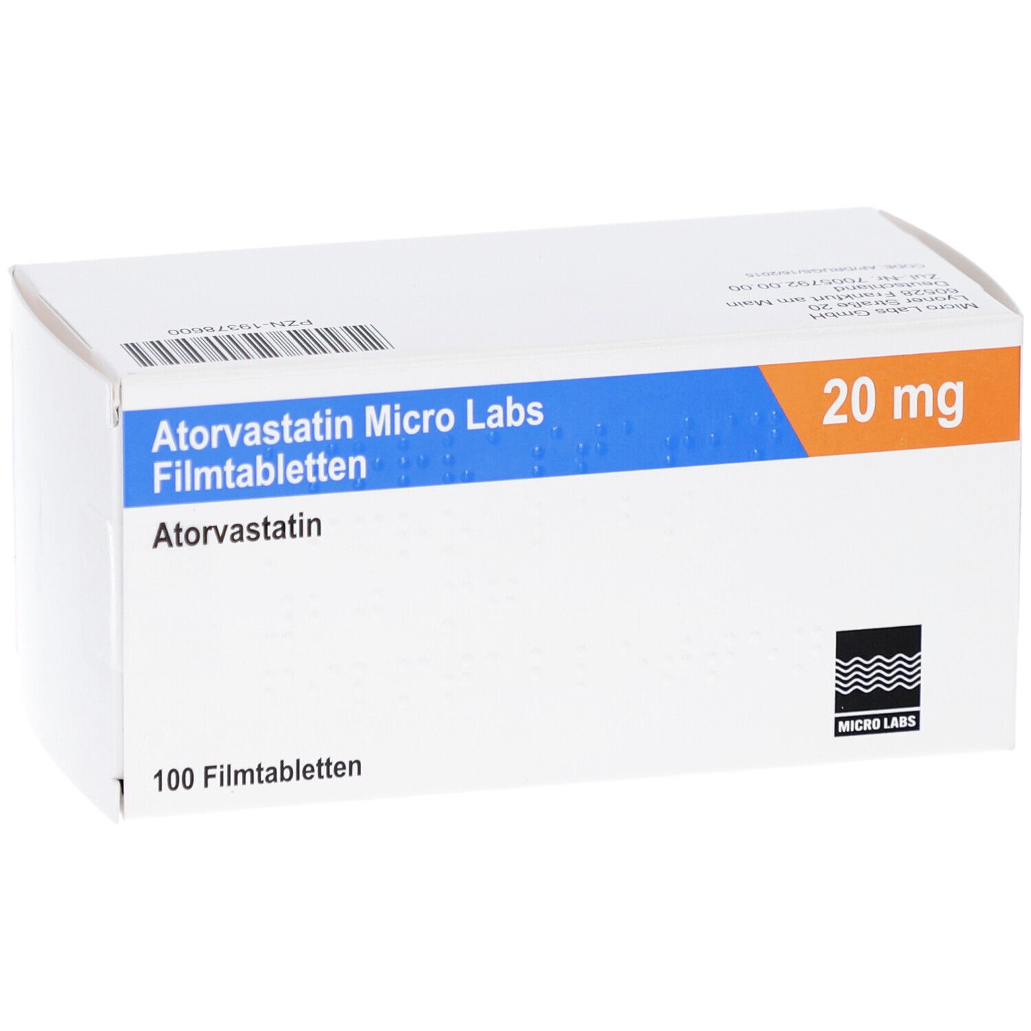 Weiße Schachtel mit blauer und orangerfarbener Beschriftung. Enthält Atorvastatin Micro Labs 20 mg Filmtabletten.