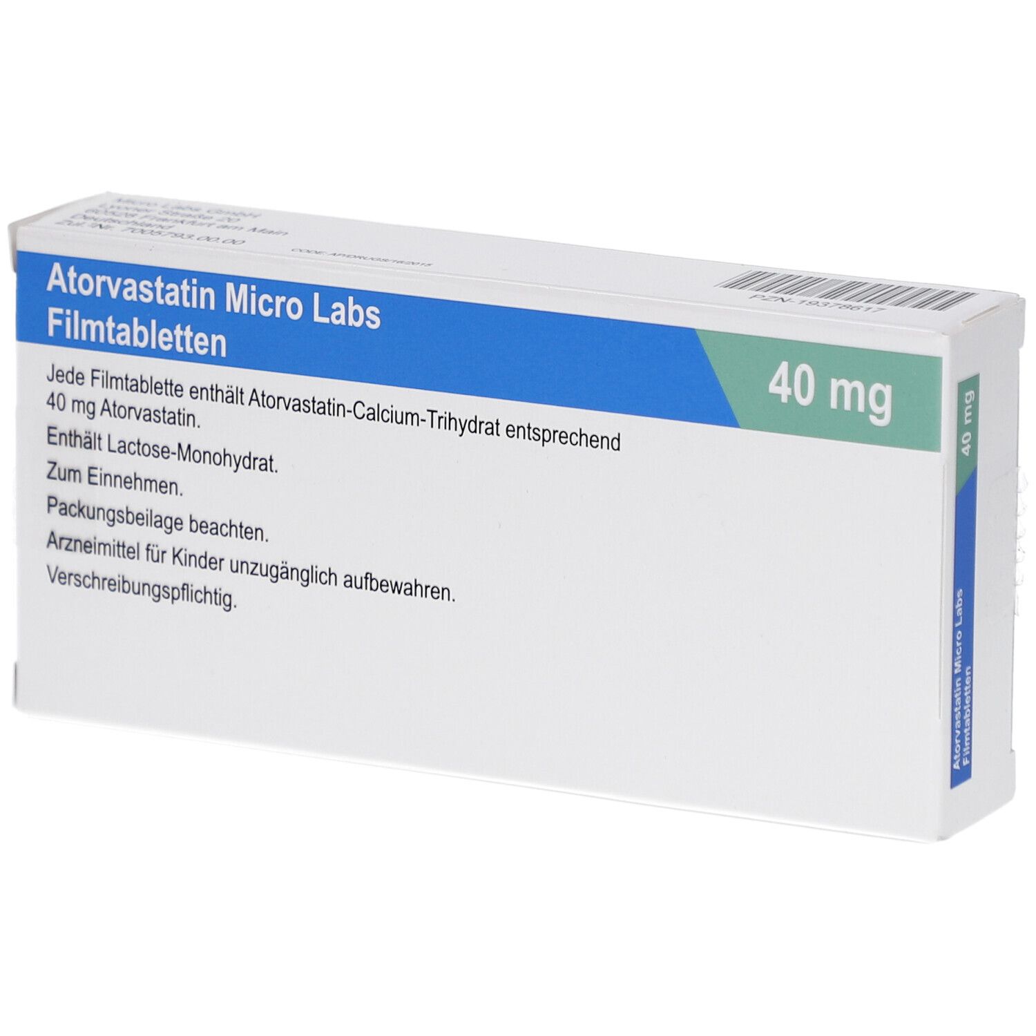 Schachtel mit Atorvastatin Micro Labs Filmtabletten. Blaue und grüne Akzente, 40 mg. Text auf Deutsch.