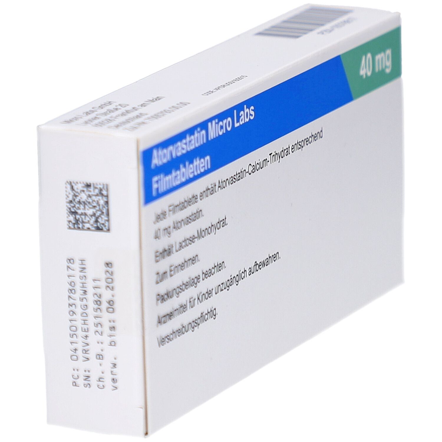 Schachtel Atorvastatin Micro Labs Filmtabletten, schräg. Blaue und grüne Akzente, 40 mg. Text auf Deutsch.