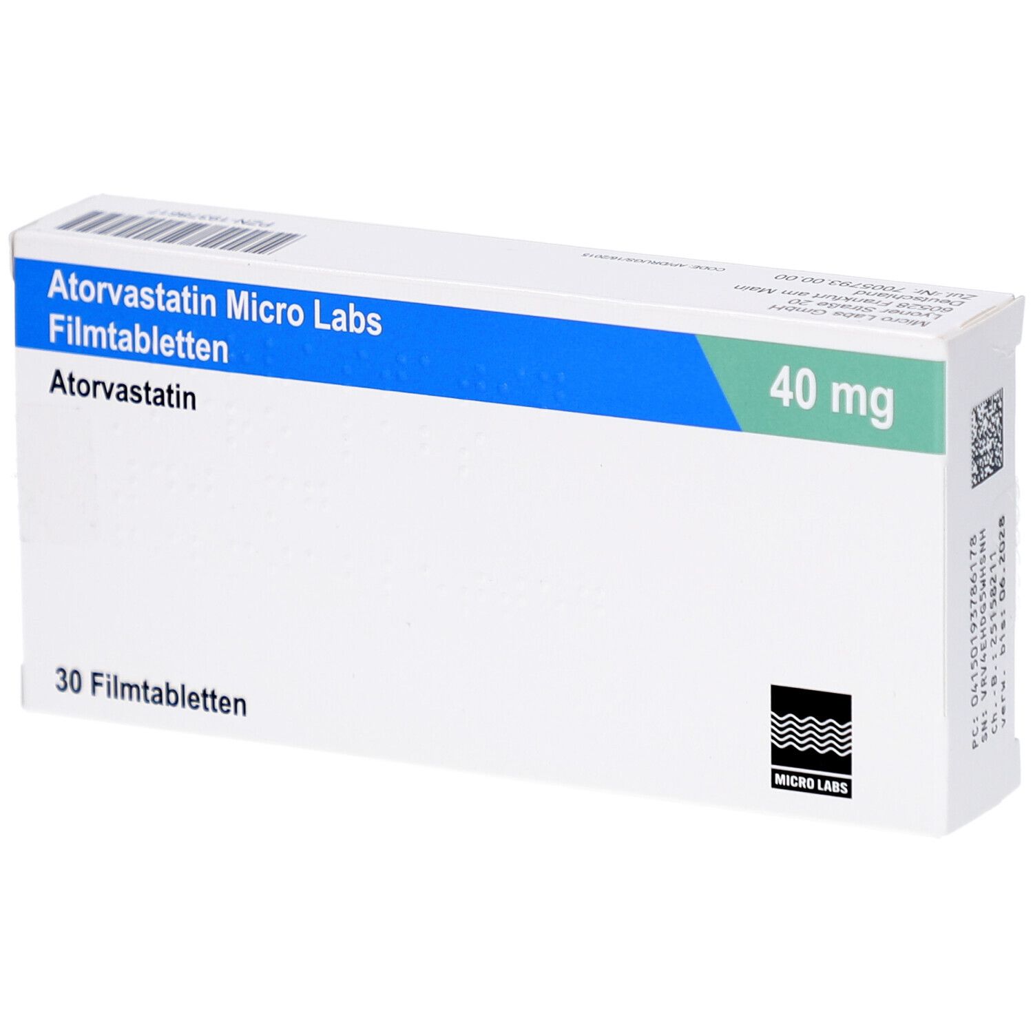 Schachtel Atorvastatin Micro Labs Filmtabletten. Blaue und grüne Akzente, 40 mg. 30 Tabletten. Text auf Deutsch.
