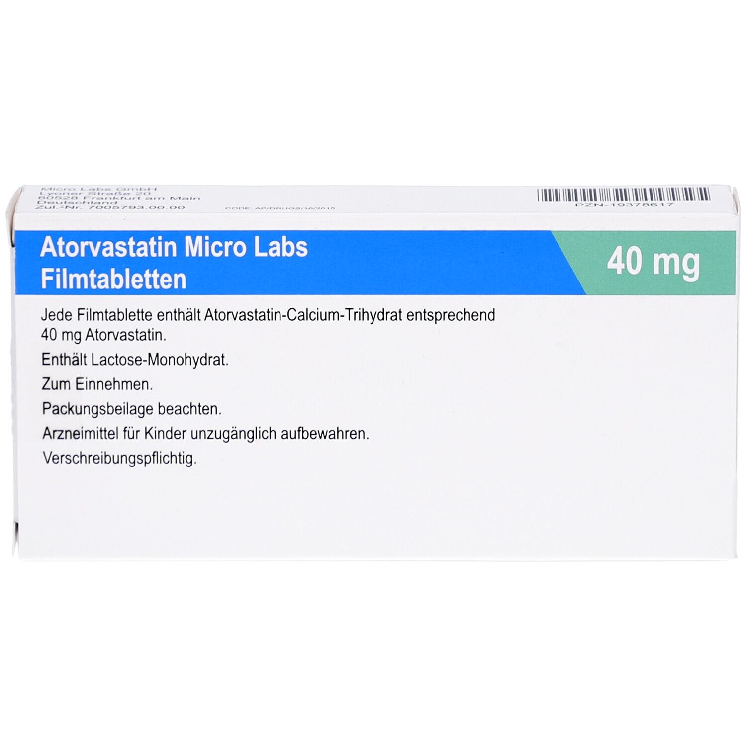 Schachtel mit Atorvastatin Micro Labs Filmtabletten. Blaue und grüne Akzente, 40 mg. Text auf Deutsch.