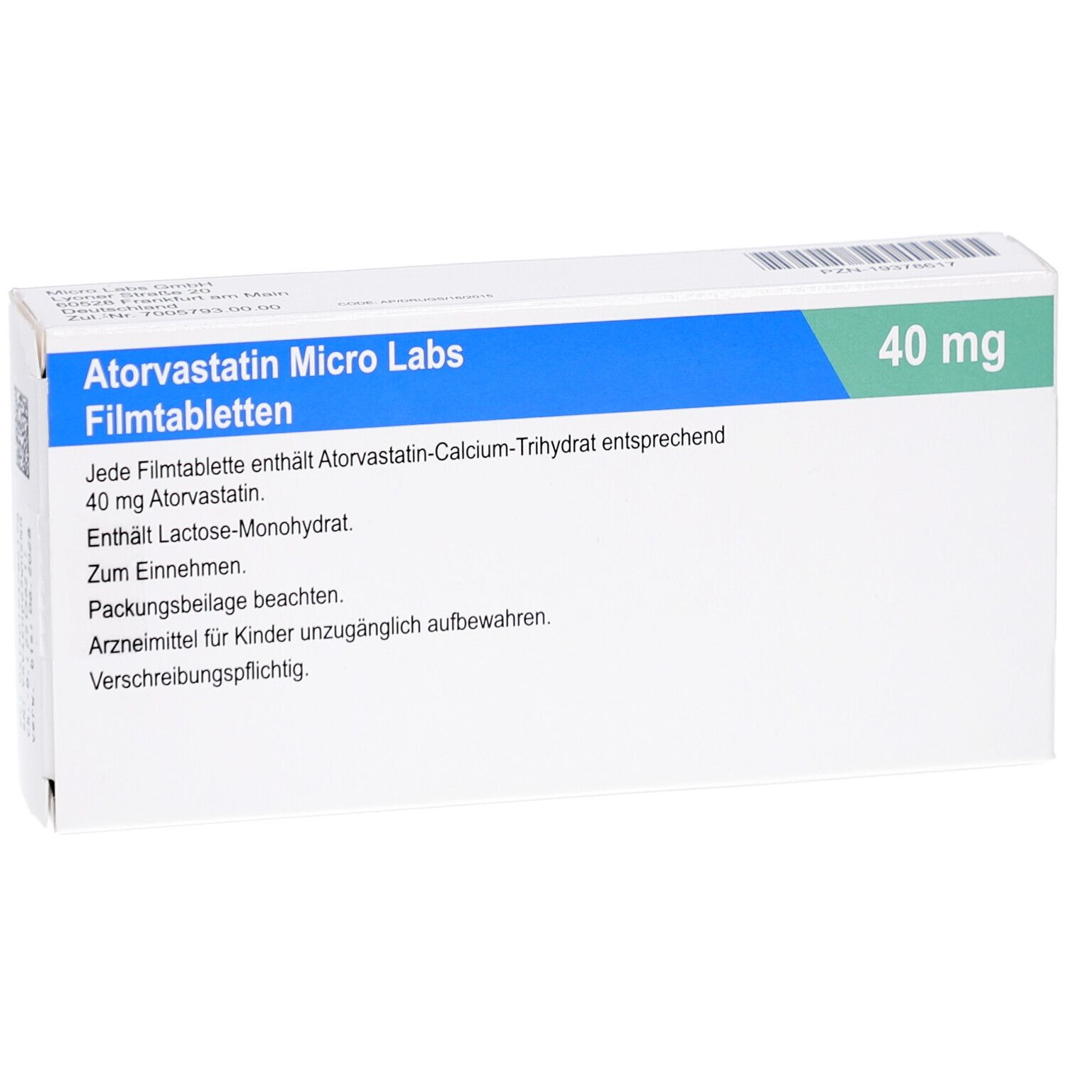 Schachtel mit Atorvastatin Micro Labs Filmtabletten. Blaue und grüne Akzente, 40 mg. Text auf Deutsch.