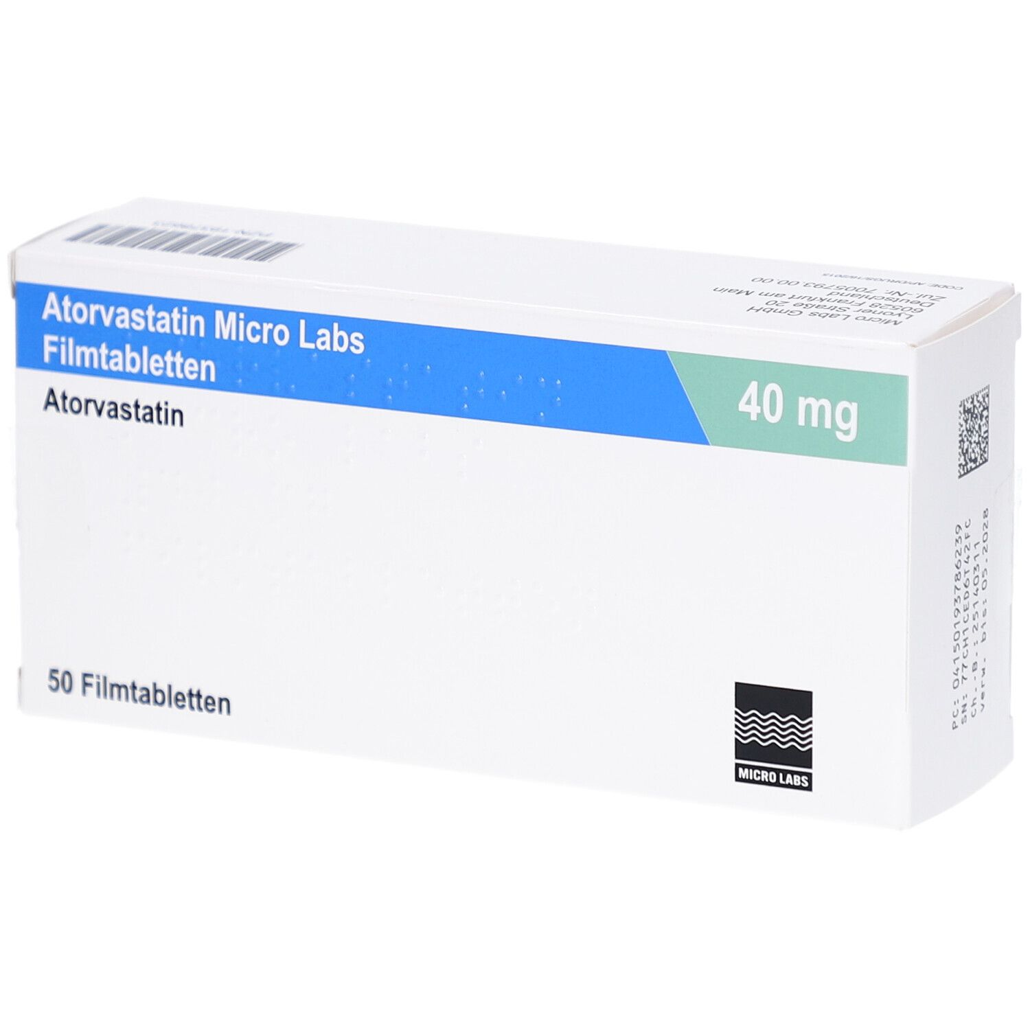 Schachtel mit ATORVASTATIN Micro Labs 40 mg Filmtabletten. Blaue und grüne Akzente. 50 Filmtabletten. Logo Micro Labs.
