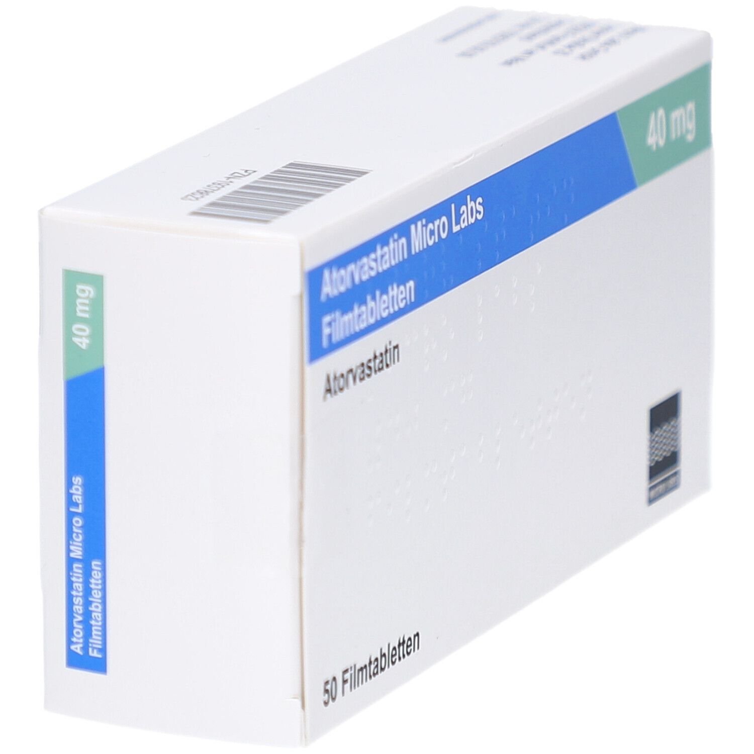 Schachtel ATORVASTATIN Micro Labs 40 mg Filmtabletten. Blaue und grüne Akzente. Seitenansicht. Logo Micro Labs.