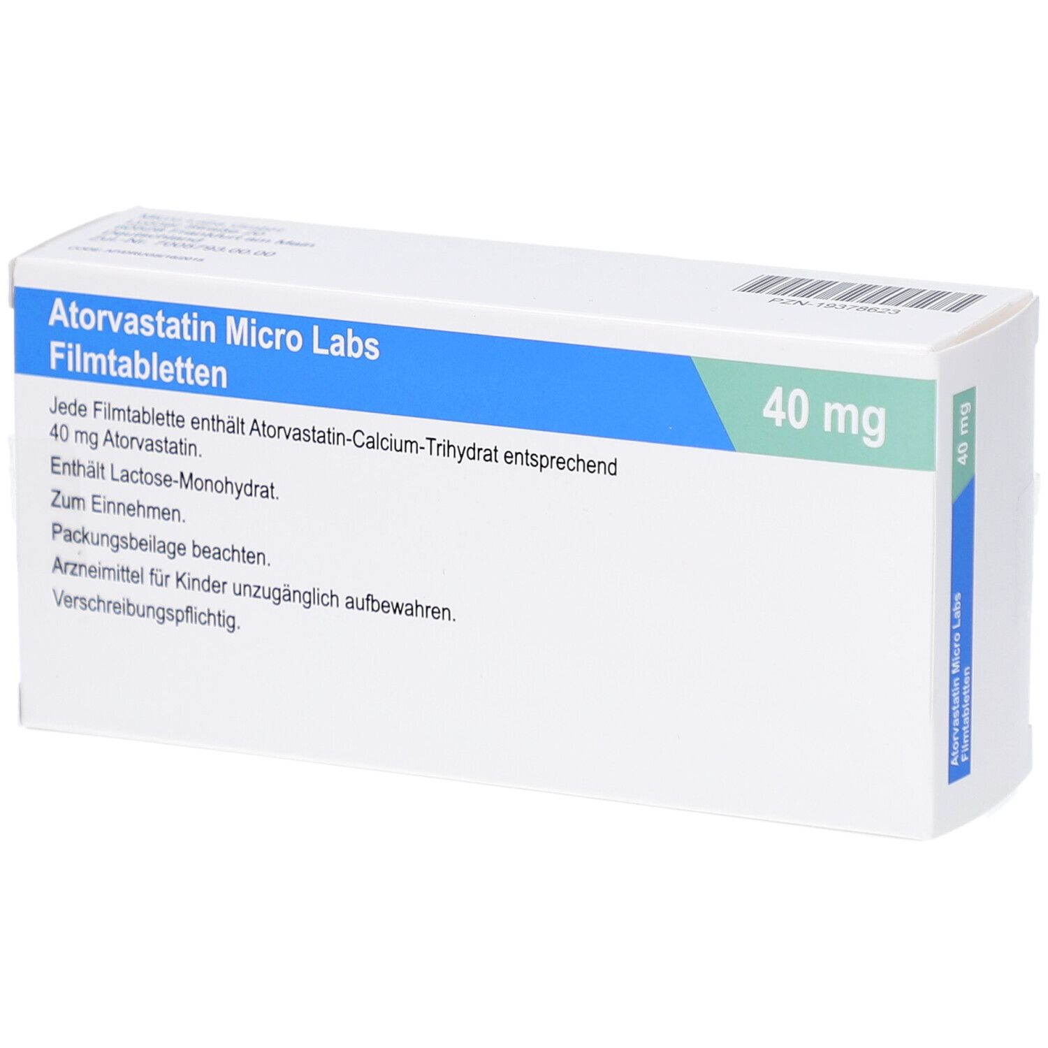 Schachtel ATORVASTATIN Micro Labs 40 mg Filmtabletten. Blaue und grüne Akzente. Textinformationen. Logo Micro Labs.