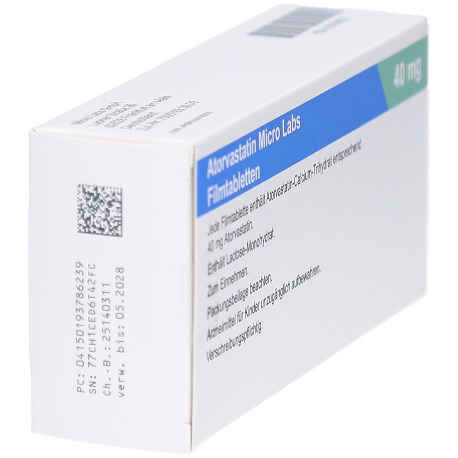 Schachtel ATORVASTATIN Micro Labs 40 mg Filmtabletten. Blaue und grüne Akzente. Detailansicht. Logo Micro Labs.