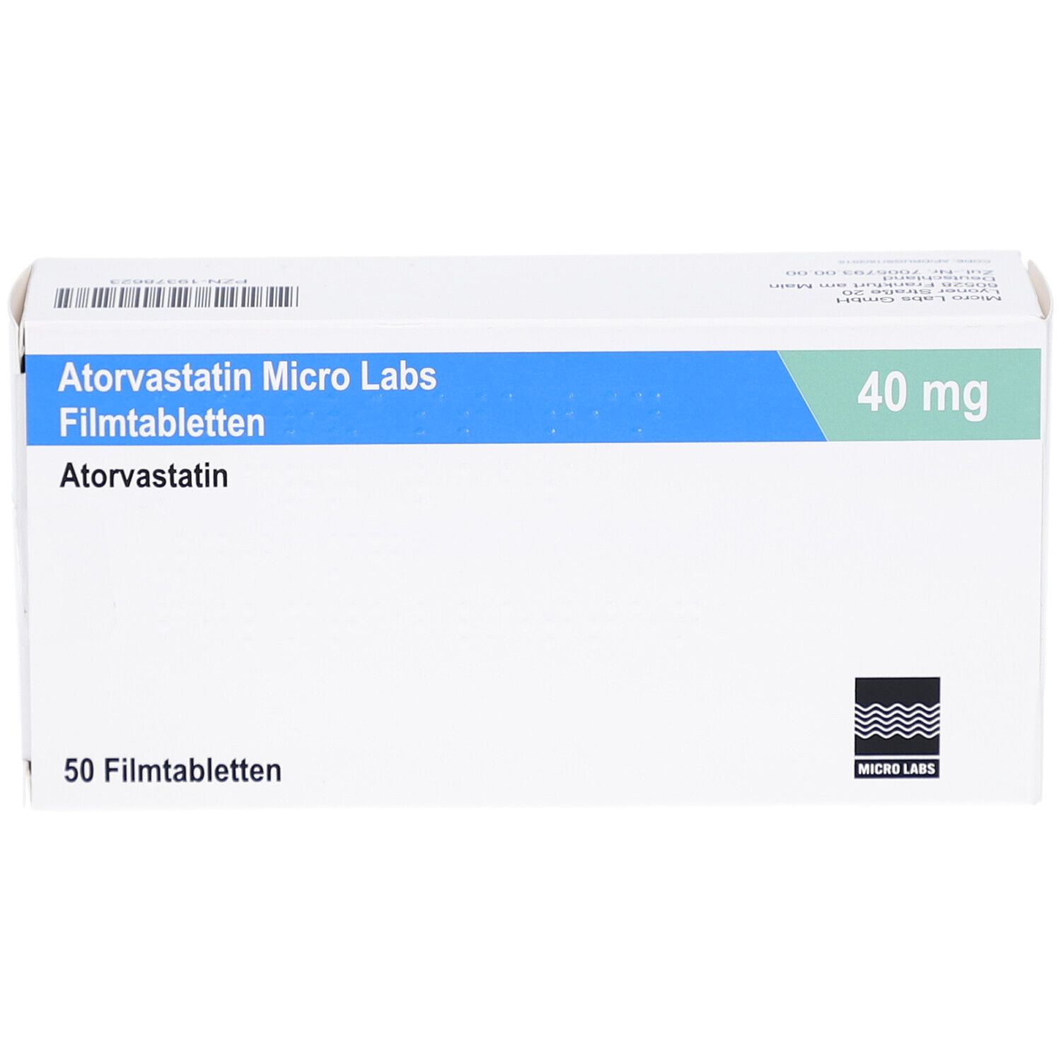 Schachtel ATORVASTATIN Micro Labs 40 mg Filmtabletten. Blaue und grüne Akzente. 50 Filmtabletten. Logo Micro Labs.