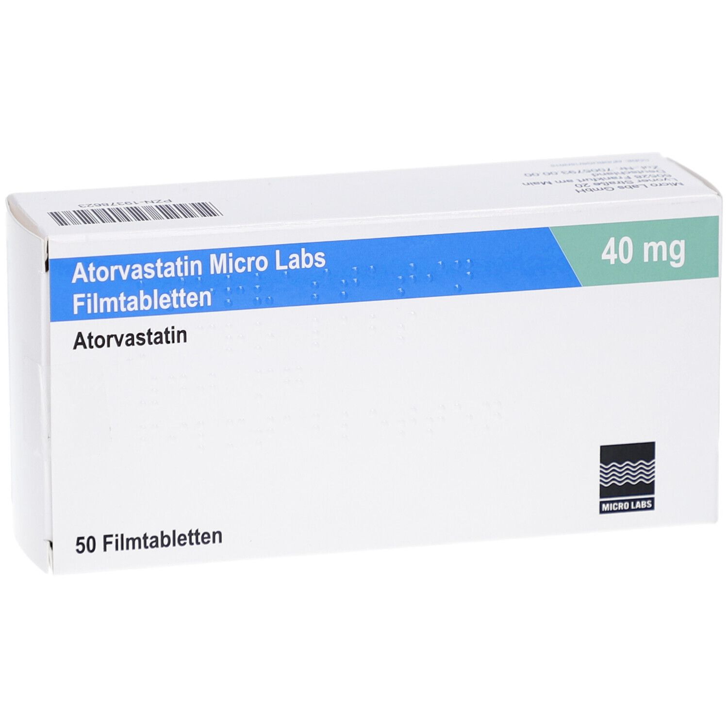 Schachtel ATORVASTATIN Micro Labs 40 mg Filmtabletten. Blaue und grüne Akzente. 50 Filmtabletten. Logo Micro Labs.