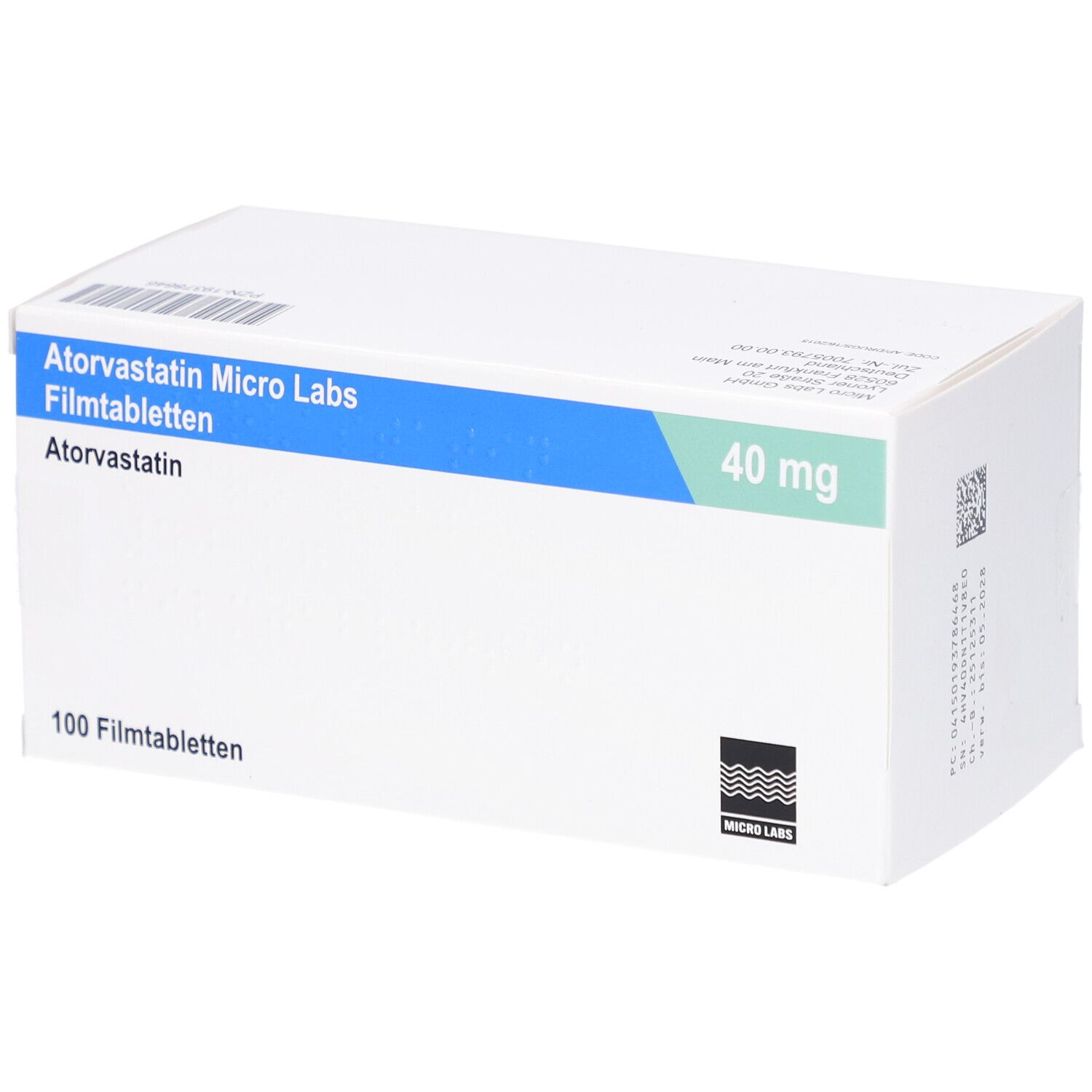 Weiße Faltschachtel mit blauer und grüner Beschriftung. Aufschrift: Atorvastatin Micro Labs 40 mg Filmtabletten. 100 Filmtabletten.