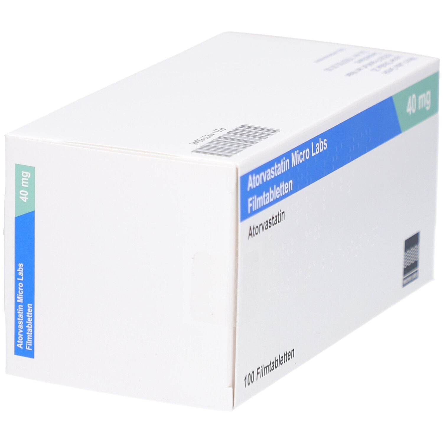 Weiße Faltschachtel mit blauer und grüner Beschriftung. Aufschrift: Atorvastatin Micro Labs 40 mg Filmtabletten. 100 Filmtabletten.