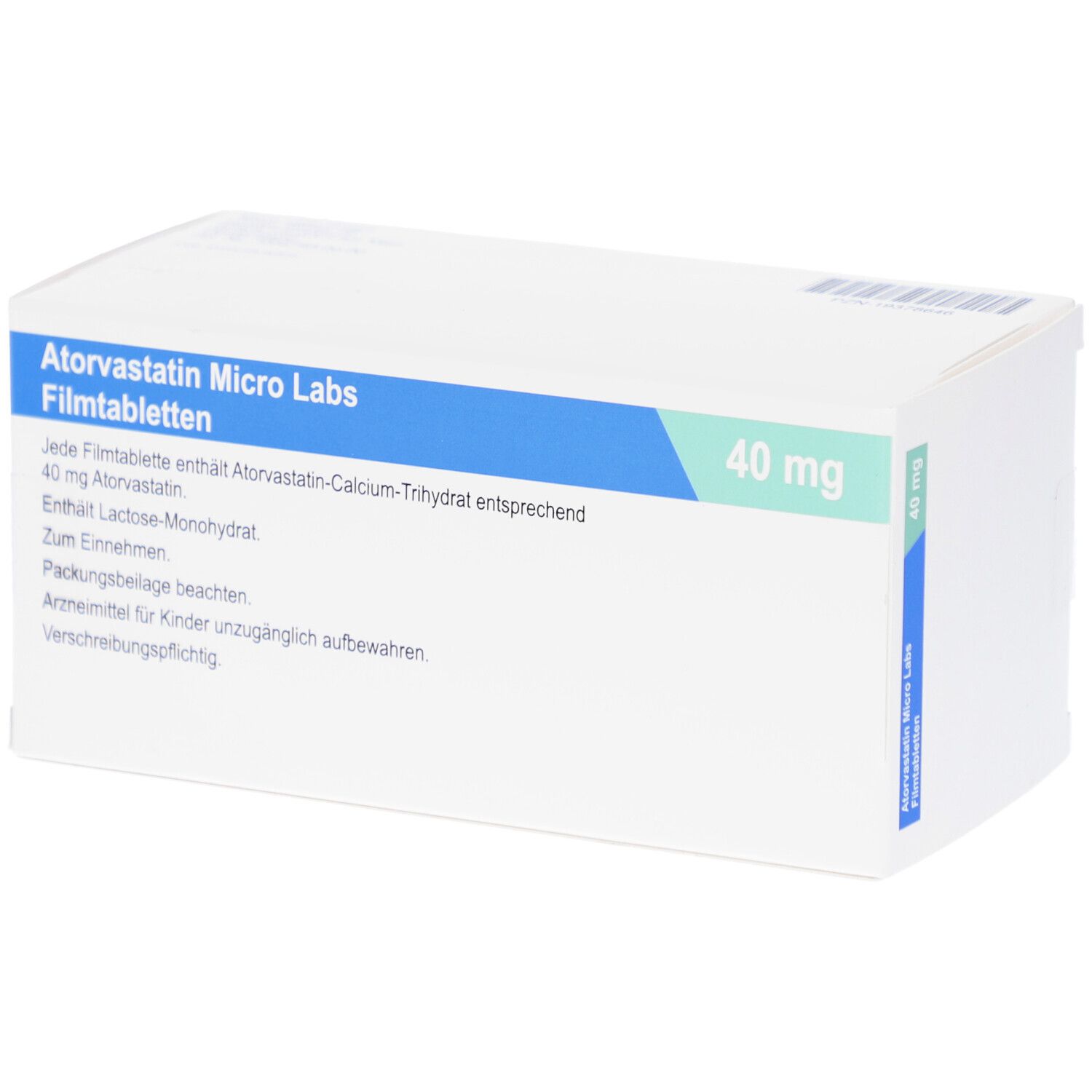 Weiße Faltschachtel mit blauer und grüner Beschriftung. Aufschrift: Atorvastatin Micro Labs 40 mg Filmtabletten. Text auf Deutsch.