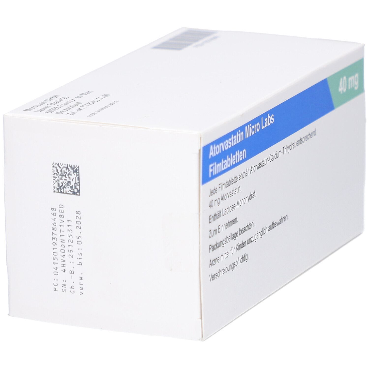 Weiße Faltschachtel mit blauer und grüner Beschriftung. Aufschrift: Atorvastatin Micro Labs 40 mg Filmtabletten. Text auf Deutsch.