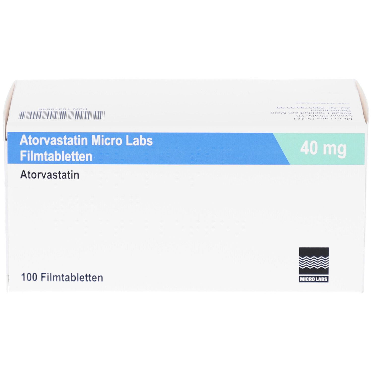 Weiße Faltschachtel mit blauer und grüner Beschriftung. Aufschrift: Atorvastatin Micro Labs 40 mg Filmtabletten. 100 Filmtabletten.
