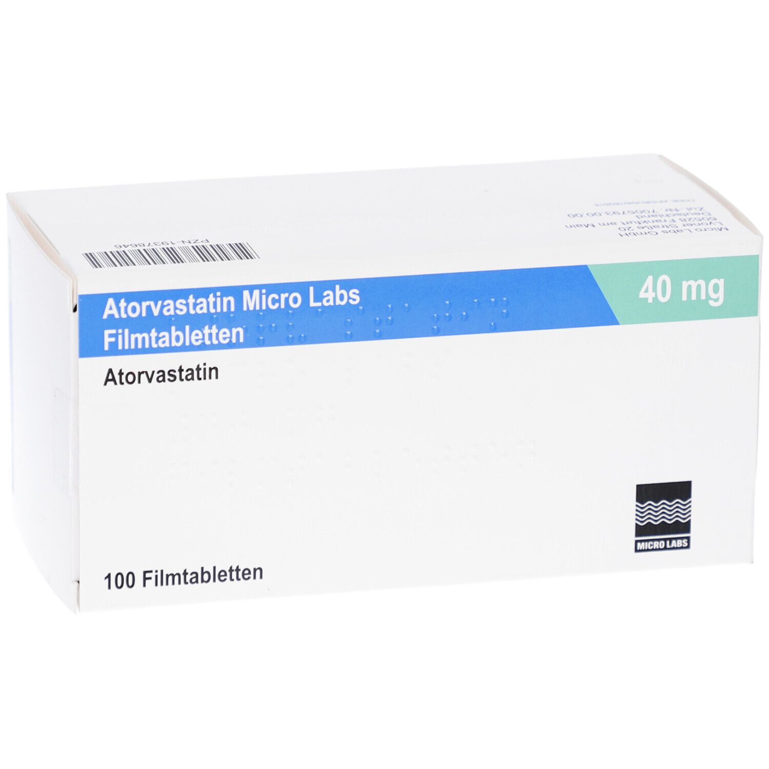 Weiße Faltschachtel mit blauer und grüner Beschriftung. Aufschrift: Atorvastatin Micro Labs 40 mg Filmtabletten. 100 Filmtabletten.