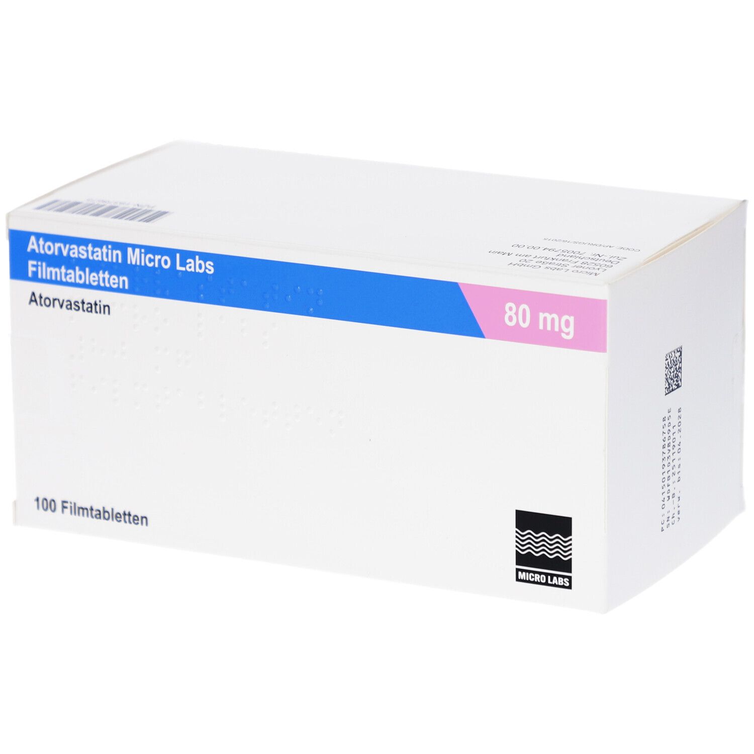 Schachtel mit Atorvastatin Micro Labs 80 mg Filmtabletten. Blaue und rosa Akzente. 100 Filmtabletten.