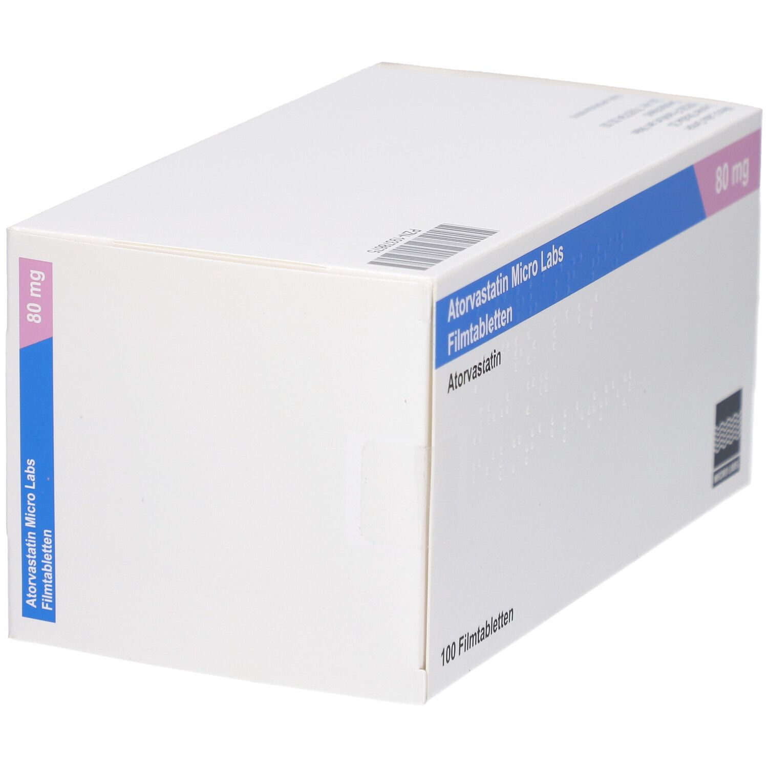 Schachtel mit Atorvastatin Micro Labs 80 mg Filmtabletten. Blaue und rosa Akzente. 100 Filmtabletten.