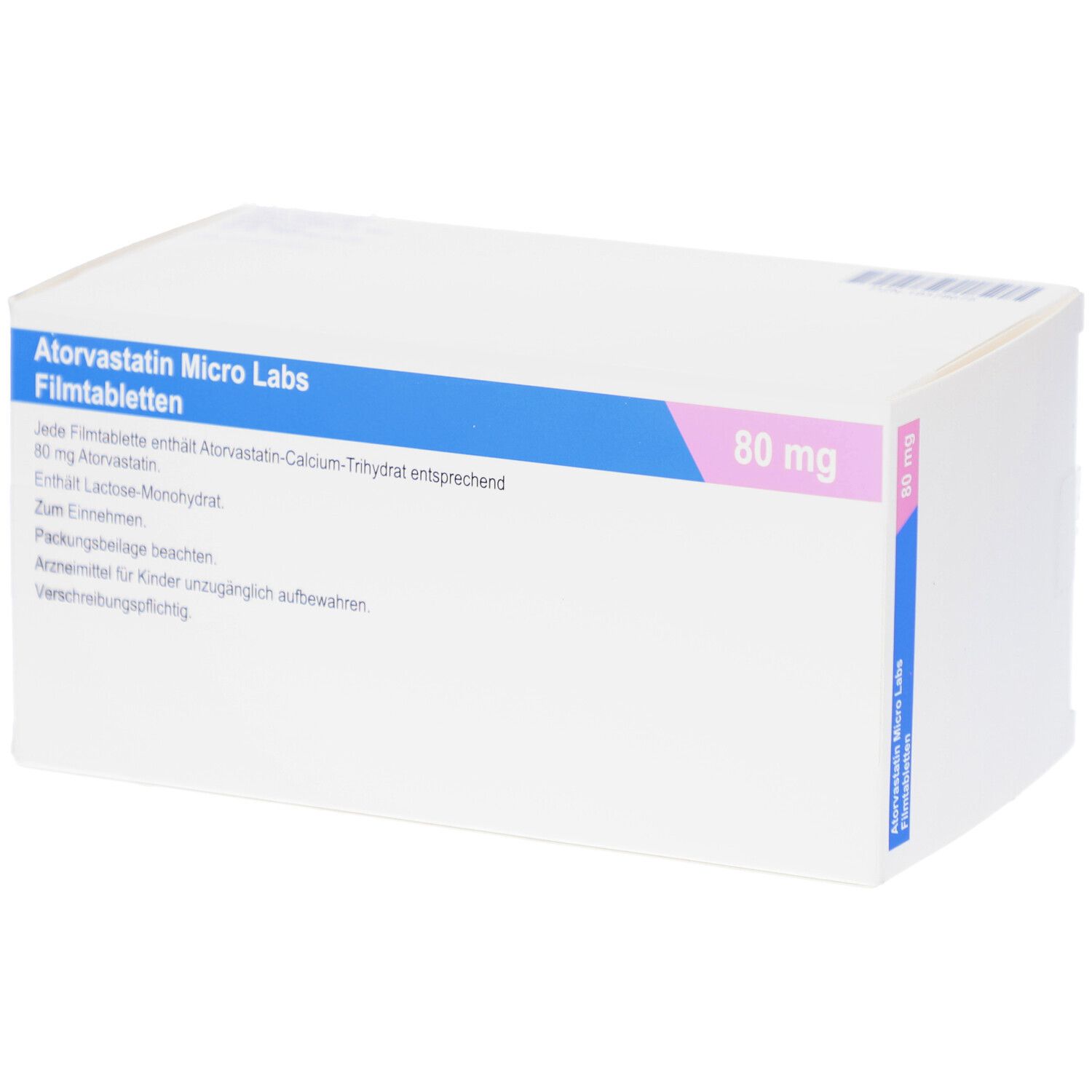 Schachtel mit Atorvastatin Micro Labs 80 mg Filmtabletten. Blaue und rosa Akzente. 100 Filmtabletten.