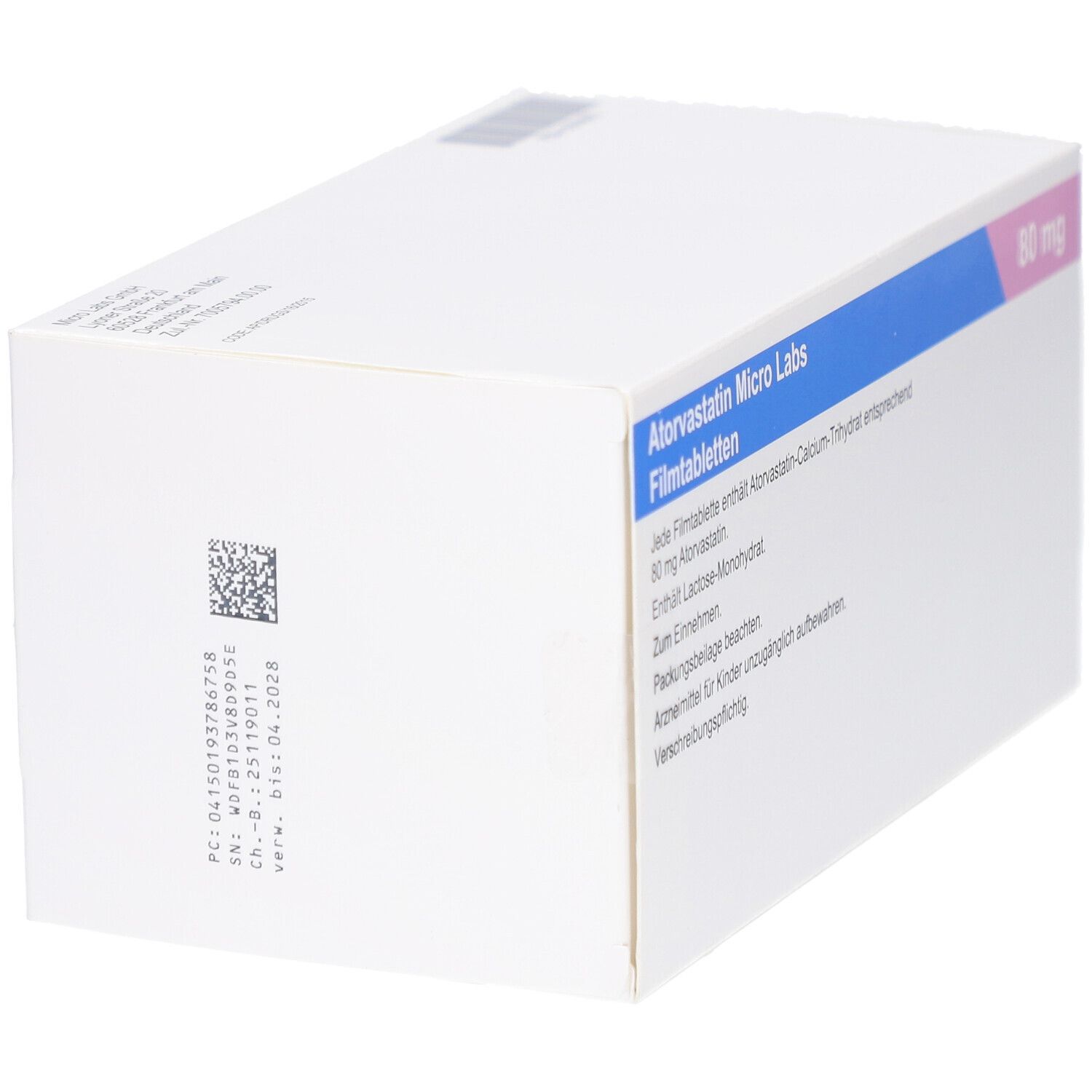 Schachtel mit Atorvastatin Micro Labs 80 mg Filmtabletten. Blaue und rosa Akzente. 100 Filmtabletten.