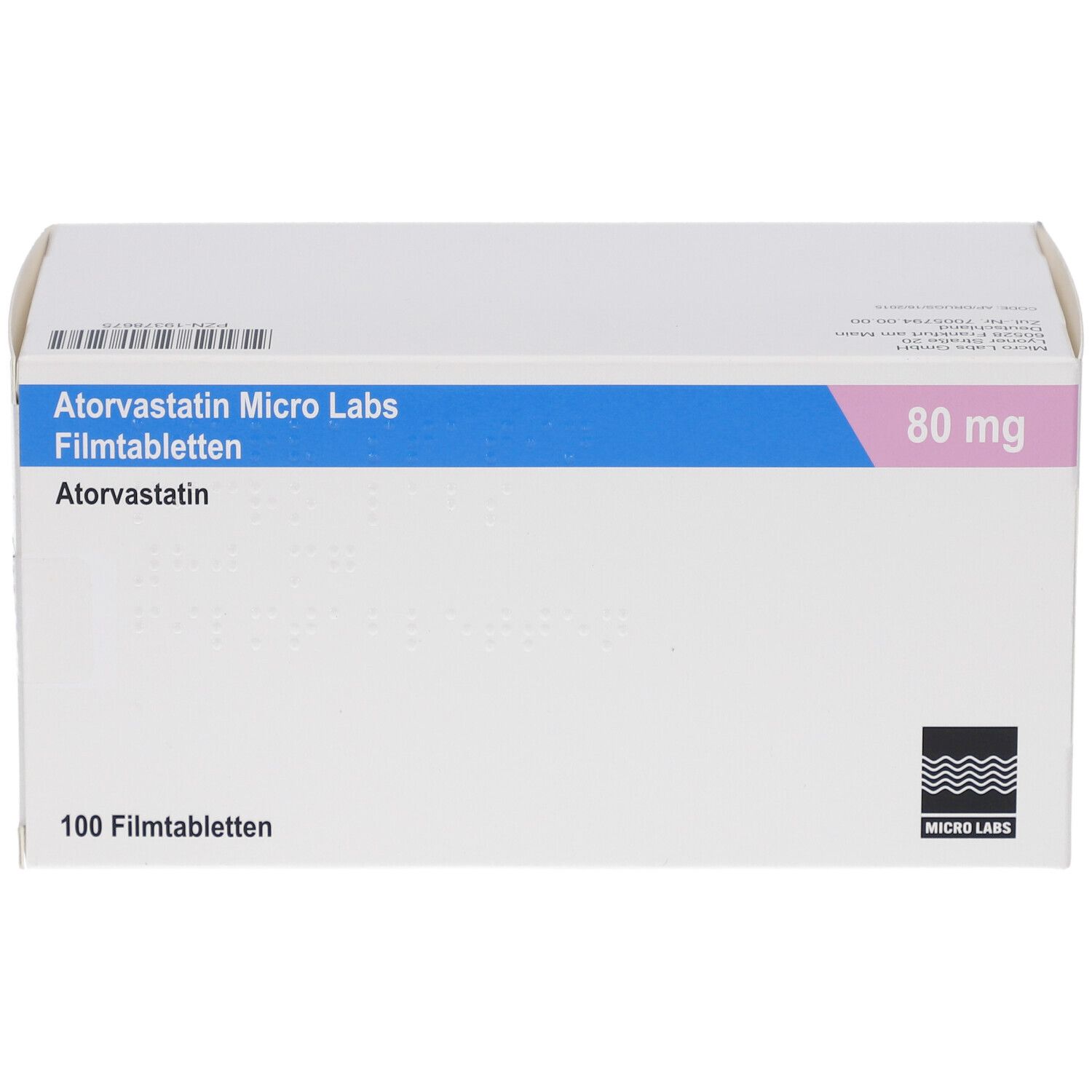 Schachtel mit Atorvastatin Micro Labs 80 mg Filmtabletten. Blaue und rosa Akzente. 100 Filmtabletten.
