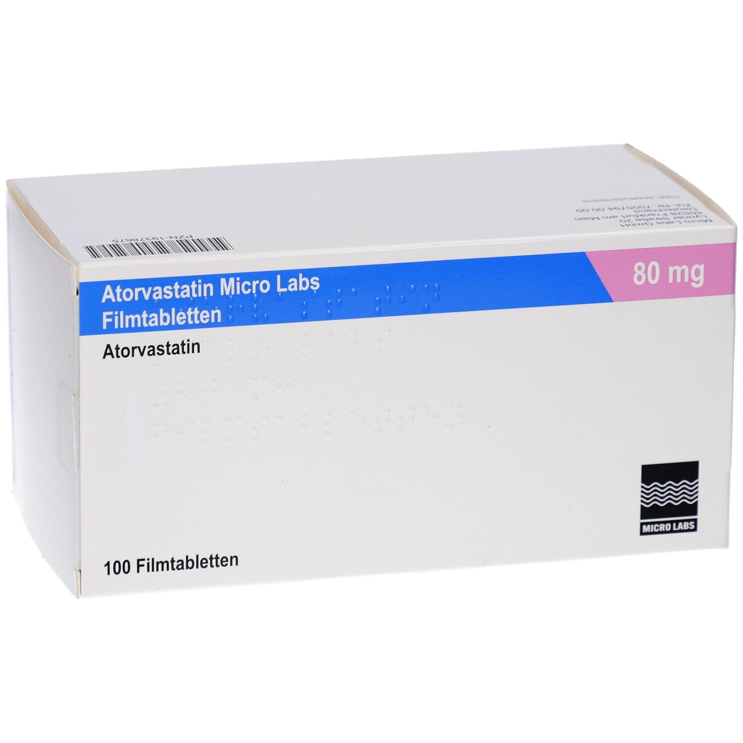 Schachtel mit Atorvastatin Micro Labs 80 mg Filmtabletten. Blaue und rosa Akzente. 100 Filmtabletten.