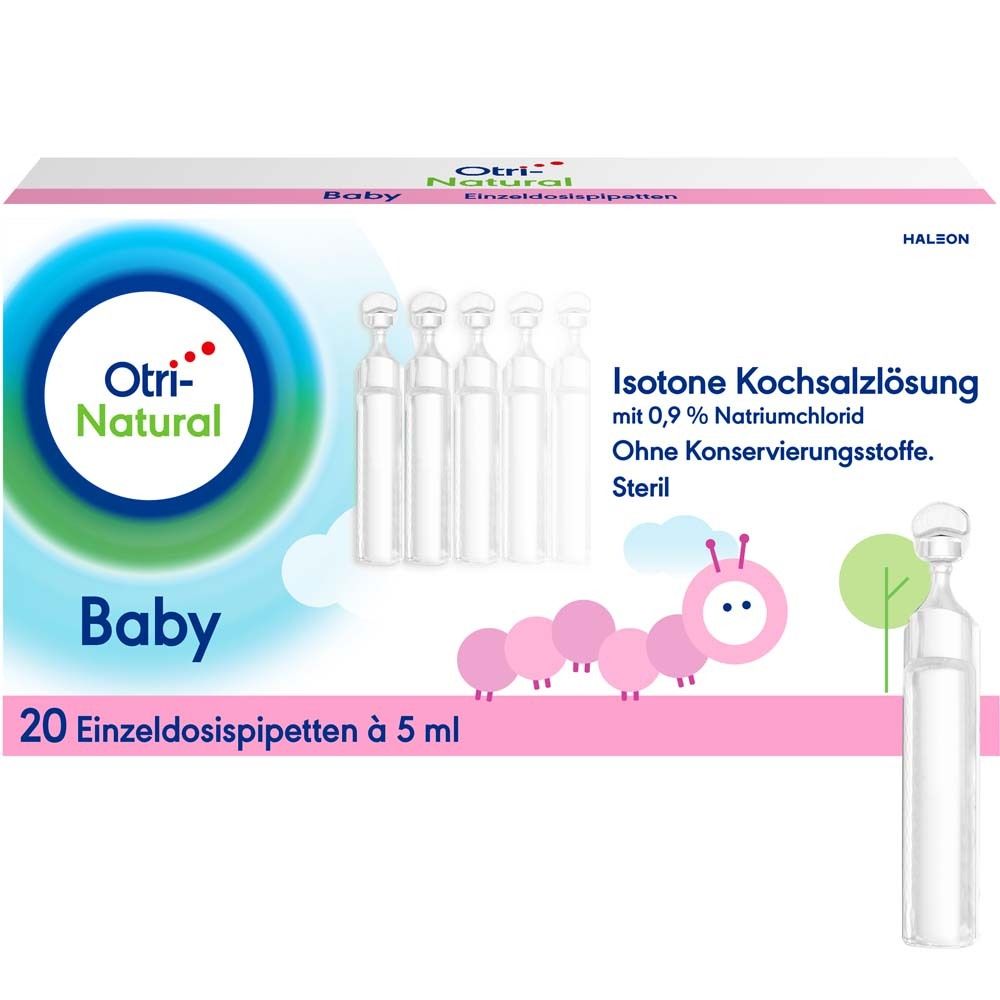Packung OtriNatural Baby, isotone Kochsalzlösung. Enthält 20 Einzeldosispipetten à 5 ml. Rosa und weißes Design mit Produktlogo.