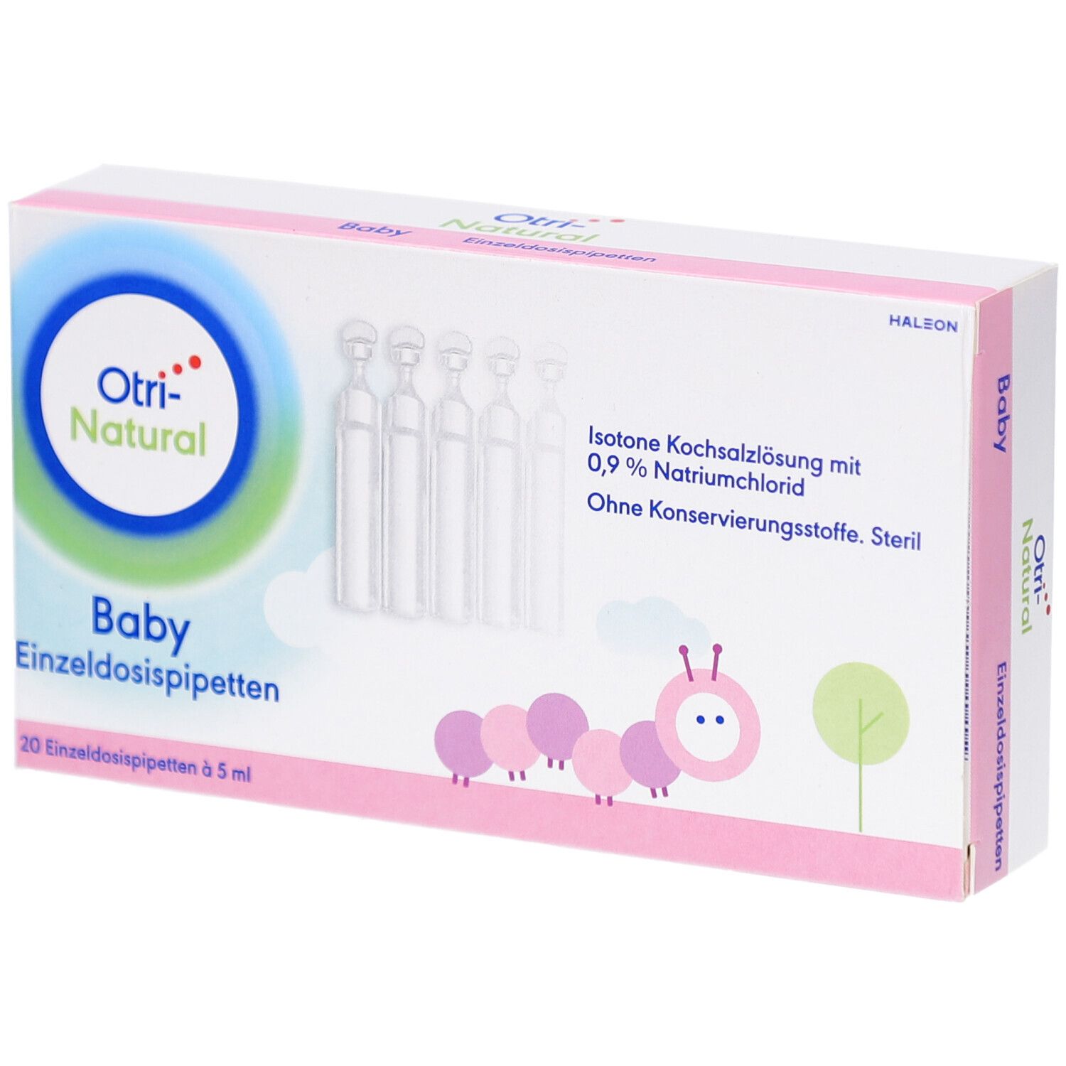 Packung OtriNatural Baby, isotone Kochsalzlösung. 20 Einzeldosispipetten à 5 ml. Rosa und weißes Design mit Produktlogo.