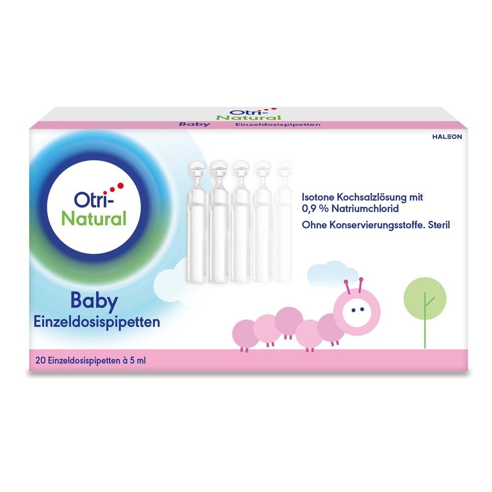 Packung OtriNatural Baby, isotone Kochsalzlösung. 20 Einzeldosispipetten à 5 ml. Rosa und weißes Design mit Produktlogo und Illustration.