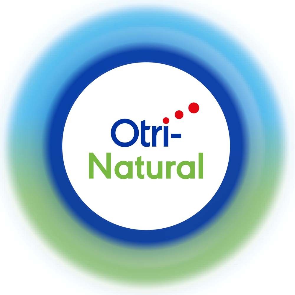 Logo Otri-Natural in Blau und Grün. Rote Punkte. Schriftzug.