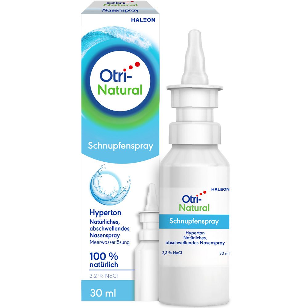 OtriNatural Schnupfenspray. Weiße Flasche mit Sprühkopf und Verpackung. Text: Schnupfenspray, 100% natürlich, 3,2% NaCl.