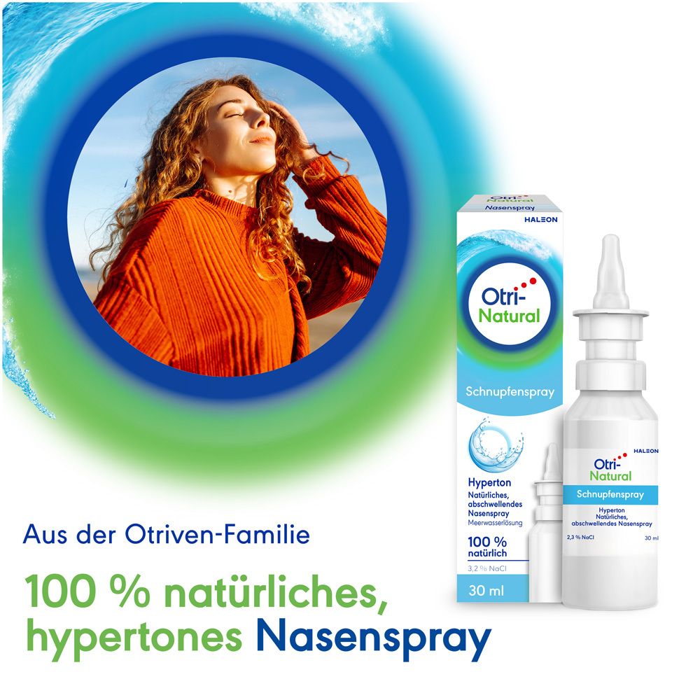 OtriNatural Schnupfenspray und Verpackung. Frau am Strand. Text: 100% natürliches, hypertones Nasenspray. Aus der Otriven-Familie.