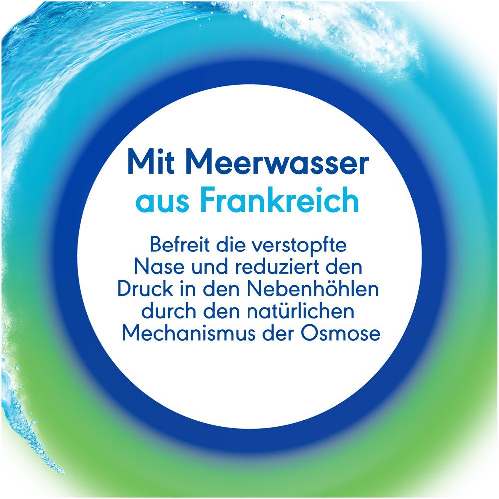 Blauer Hintergrund mit Text: Mit Meerwasser aus Frankreich. Befreit die verstopfte Nase und reduziert den Druck in den Nebenhöhlen.