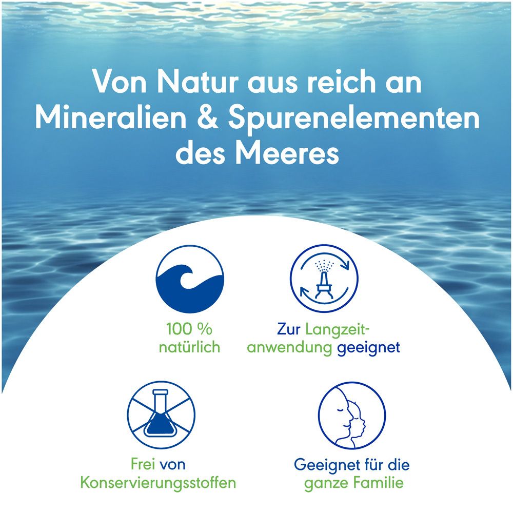 Blauer Hintergrund mit Symbolen und Text: 100% natürlich, zur Langzeitanwendung geeignet, frei von Konservierungsstoffen, für die ganze Familie.