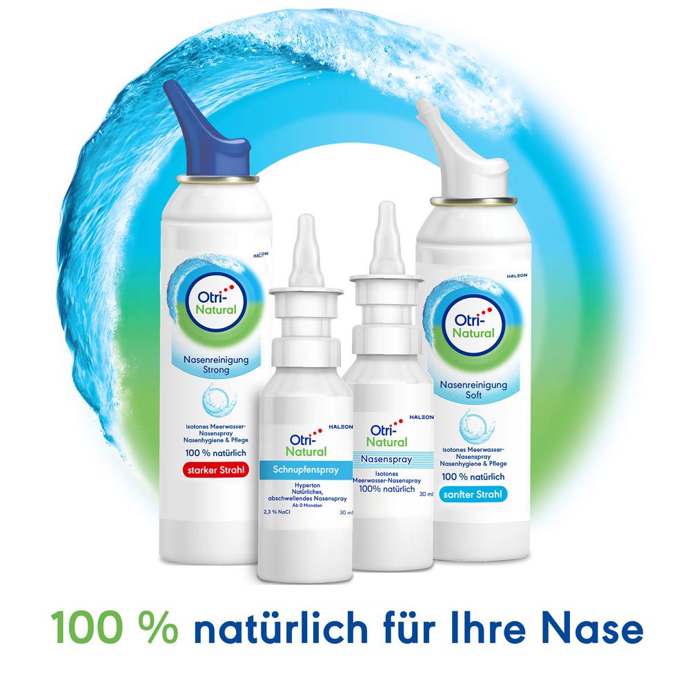 Vier Nasensprays. Text: 100% natürlich für Ihre Nase. OtriNatural Nasenspray, Schnupfenspray, Nasenreinigung Strong und Soft.