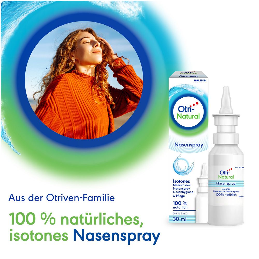 OtriNatural Nasenspray, Frau am Strand. 100% natürliches, hypertones Nasenspray. Produktabbildung.