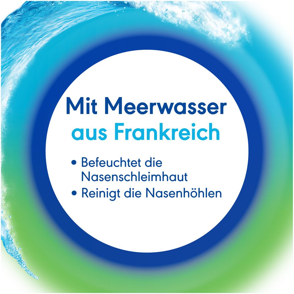 Text: Mit Meerwasser aus Frankreich. Befreit die verstopfte Nase und reduziert den Druck in den Nebenhöhlen.