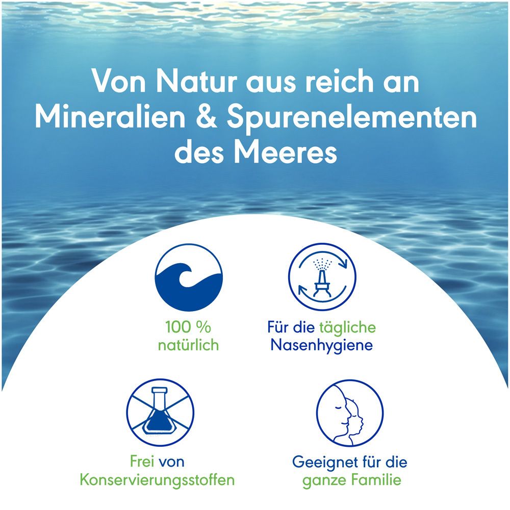 Text: Von Natur aus reich an Mineralien & Spurenelementen des Meeres. 100% natürlich. Für die ganze Familie.
