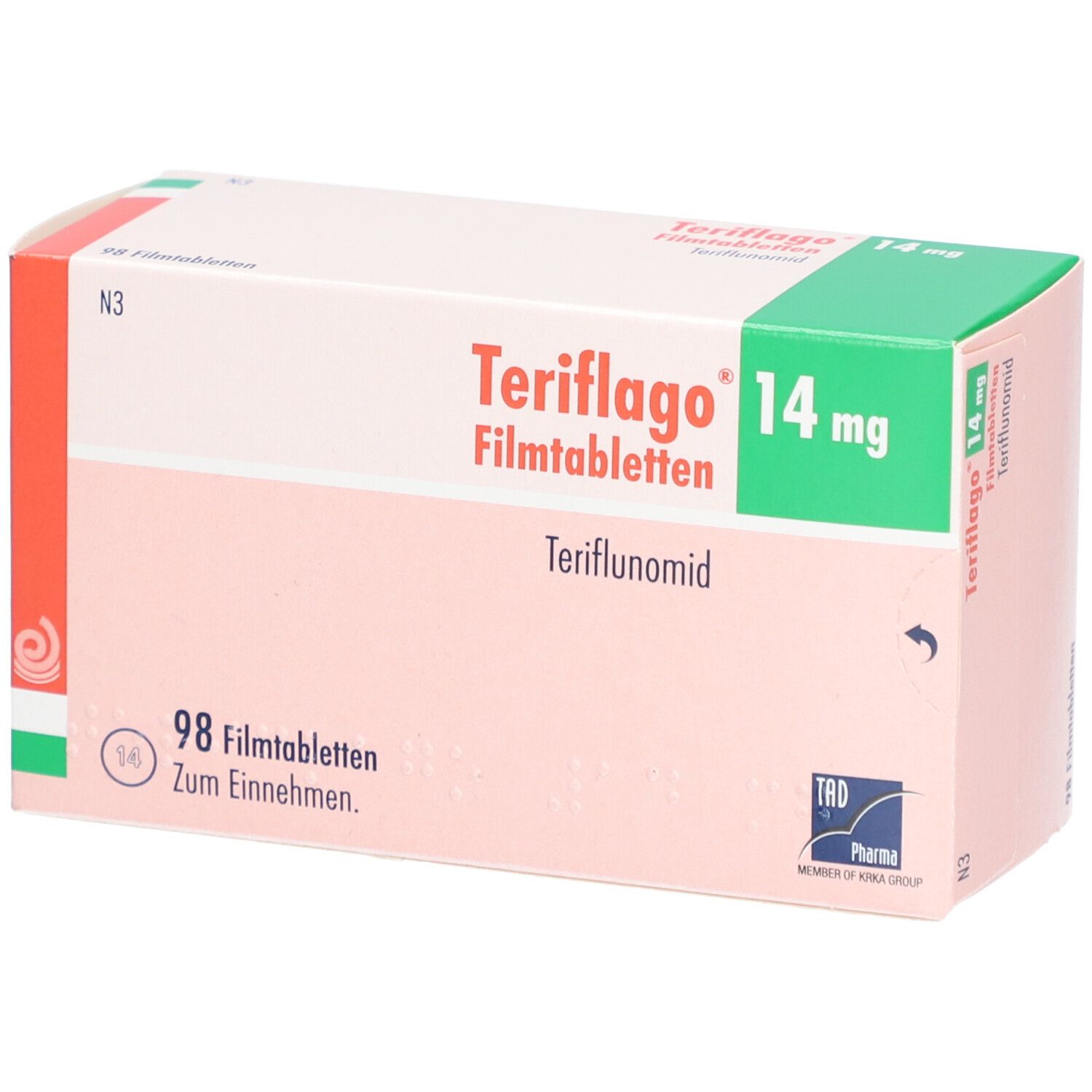 Verpackung von Teriflago 14 mg Filmtabletten. Rosa-weißes Feld mit grüner Ecke. Schriftzug: Teriflago, 14 mg, Filmtabletten.