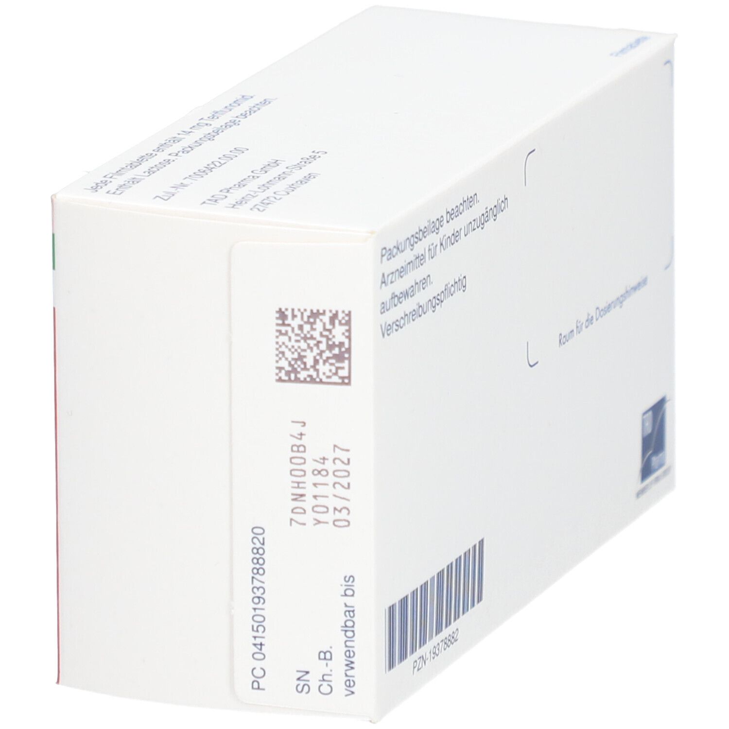 Seitenansicht der Verpackung von Teriflago 14 mg Filmtabletten. Weiß mit Text und Barcode. Verwendbar bis 03/2027.