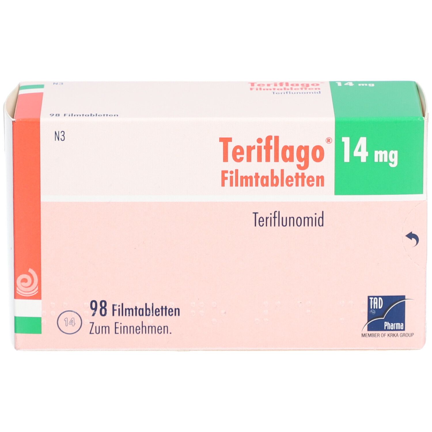 Verpackung von Teriflago 14 mg Filmtabletten. Rosa-weißes Feld mit grüner Ecke. Schriftzug: Teriflago, 14 mg, Filmtabletten.