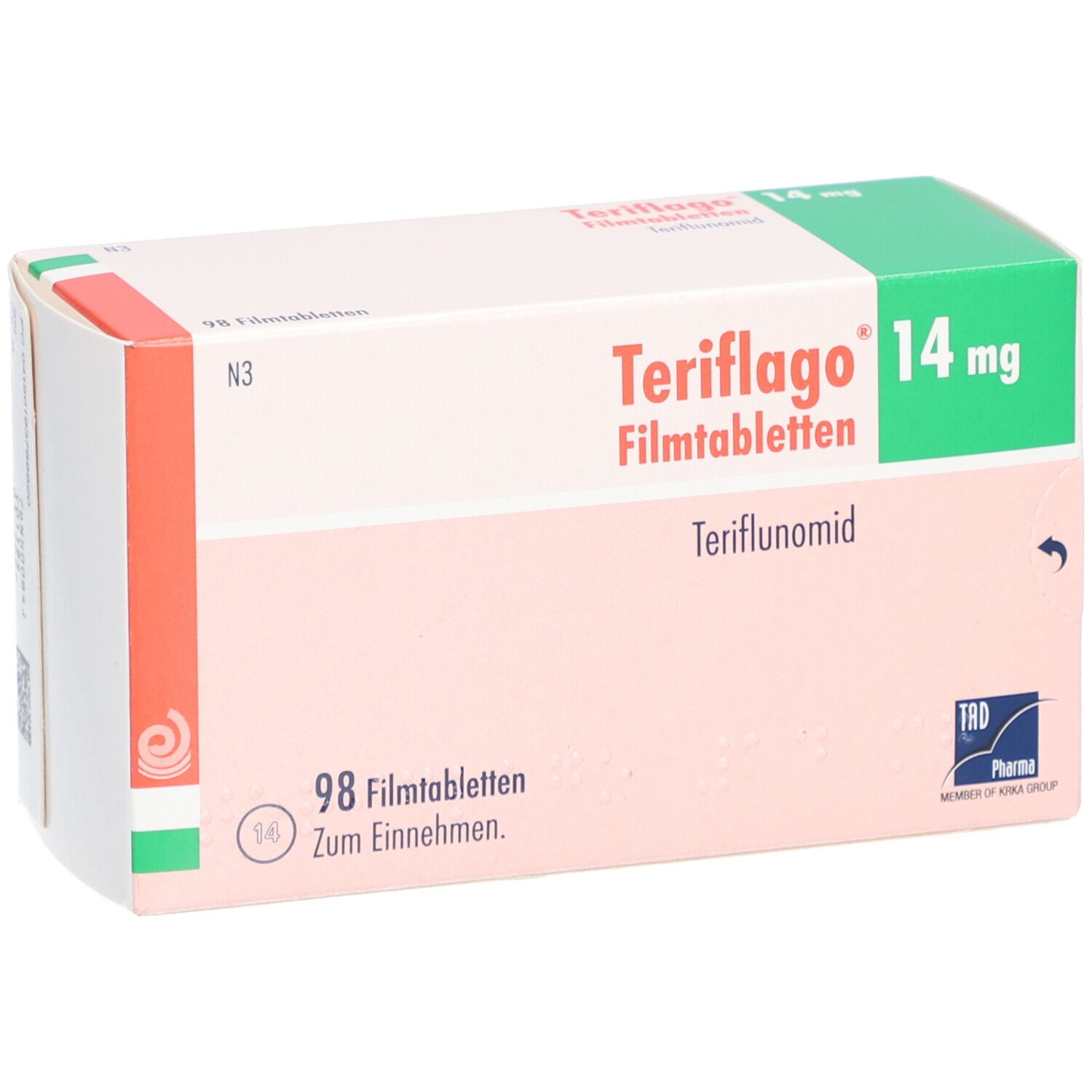Verpackung von Teriflago 14 mg Filmtabletten. Schrägansicht. Rosa-weiße Schachtel mit grüner Ecke. Text und Logo.