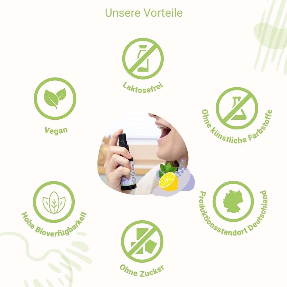 Grafik mit Vorteilen: Laktosefrei, Vegan, Ohne künstliche Farbstoffe, Hohe Bioverfügbarkeit, Ohne Zucker, Produktionsstandort Deutschland.