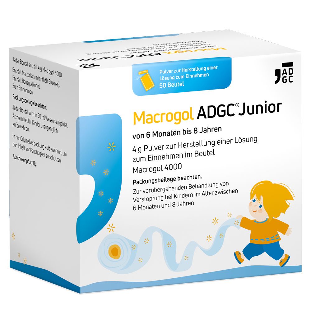 Karton von Macrogol ADGC Junior. Enthält 50 Beutel. Aufdruck: 4g Pulver zur Herstellung einer Lösung. Für Kinder von 6 Monaten bis 8 Jahren.