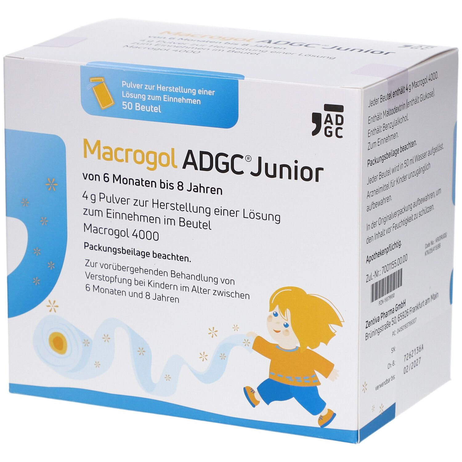 Schachtel mit MACROGOL ADGC Junior. Enthält 50 Beutel. Aufdruck mit Kind und Produktinformationen.