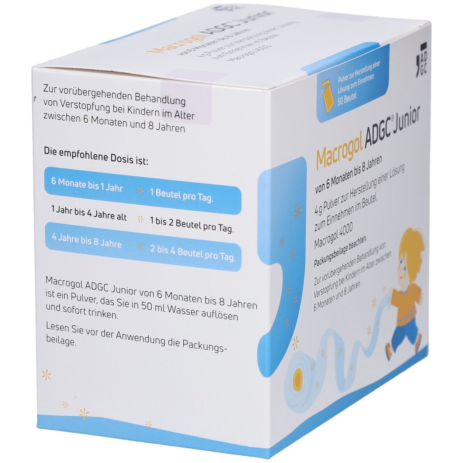 Schachtel mit MACROGOL ADGC Junior. Rückseite mit Dosierungsempfehlungen für Kinder.
