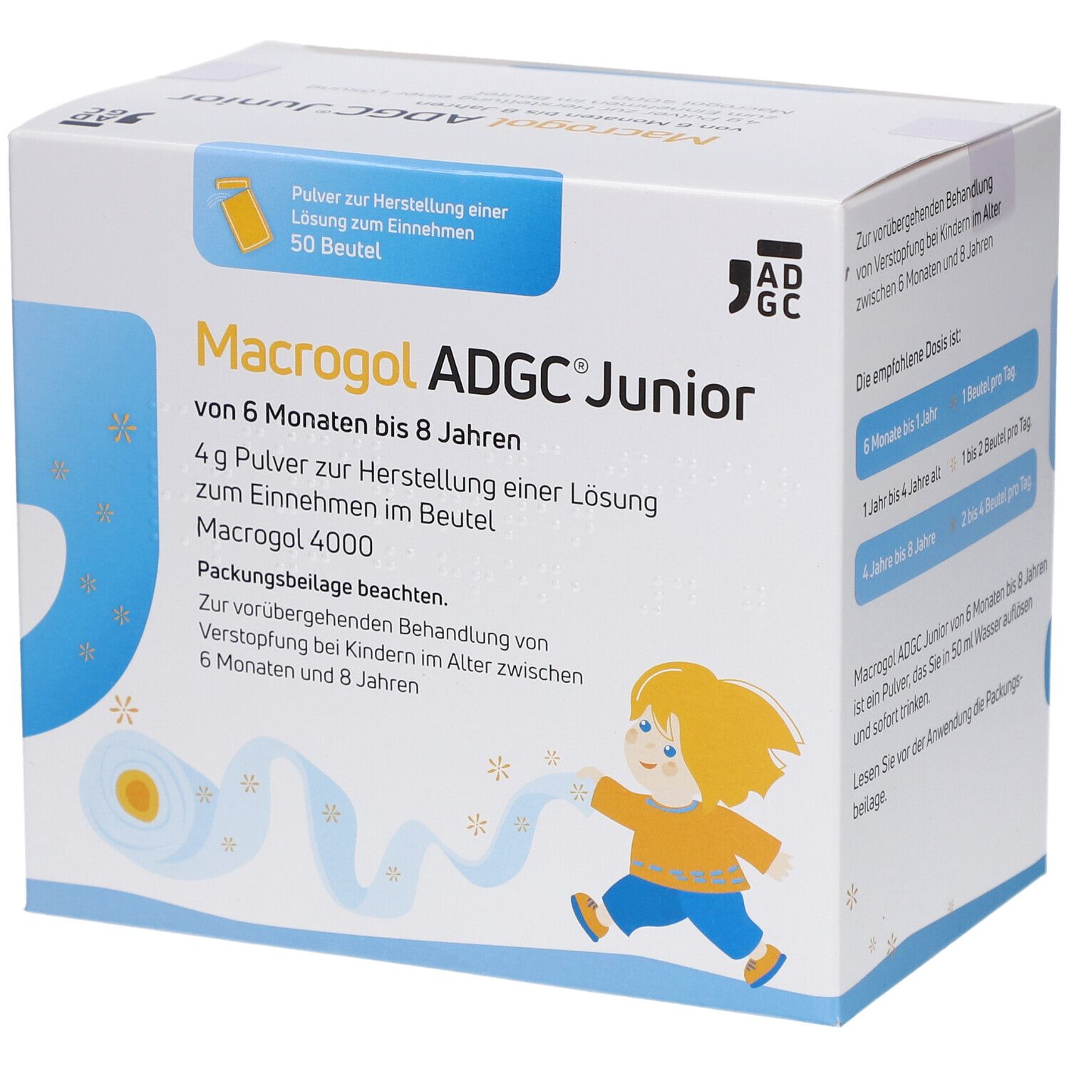 Schachtel mit MACROGOL ADGC Junior. Enthält 50 Beutel. Aufdruck mit Kind und Produktinformationen.