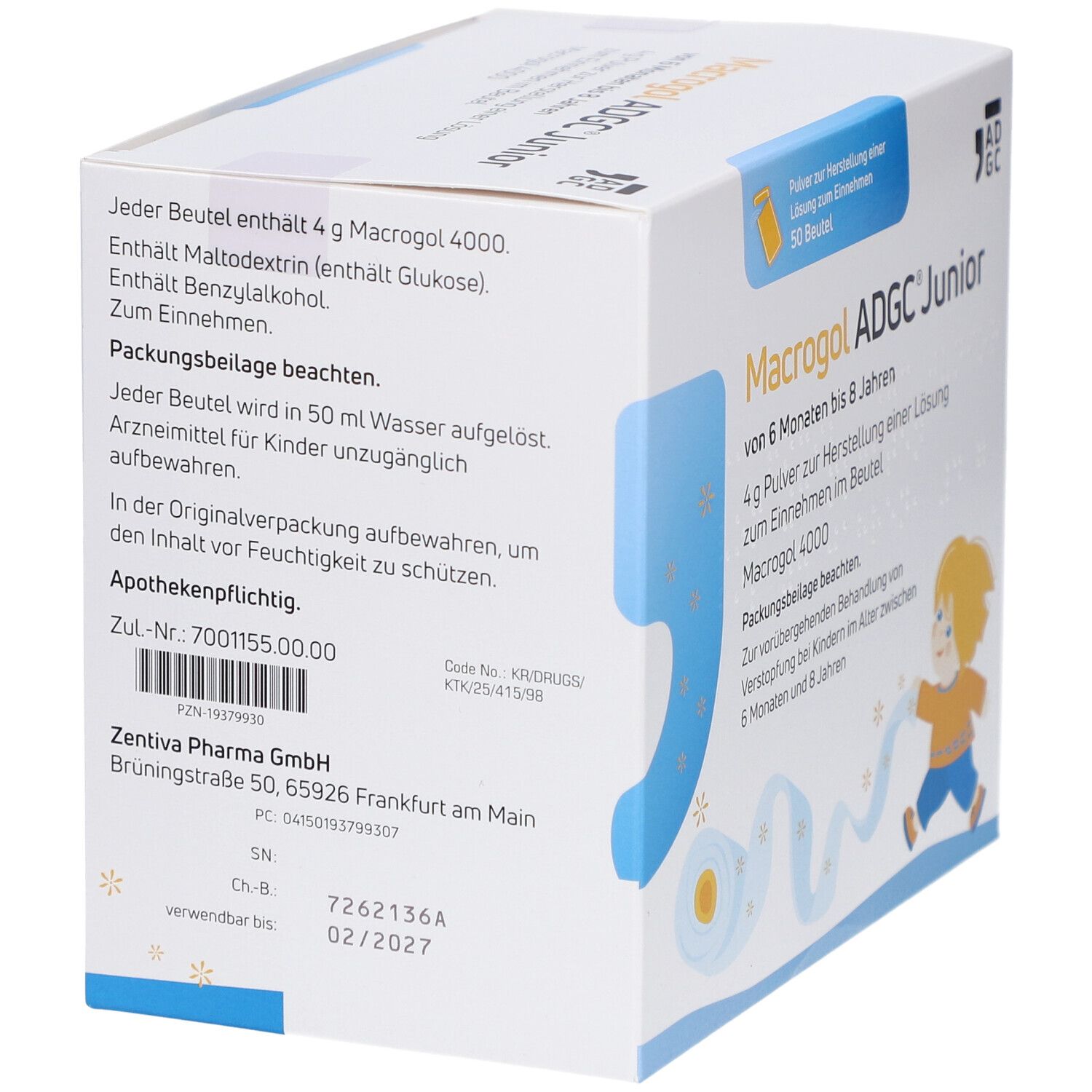 Schachtel mit MACROGOL ADGC Junior. Rückseite mit Inhaltsstoffen und Herstellerinformationen.