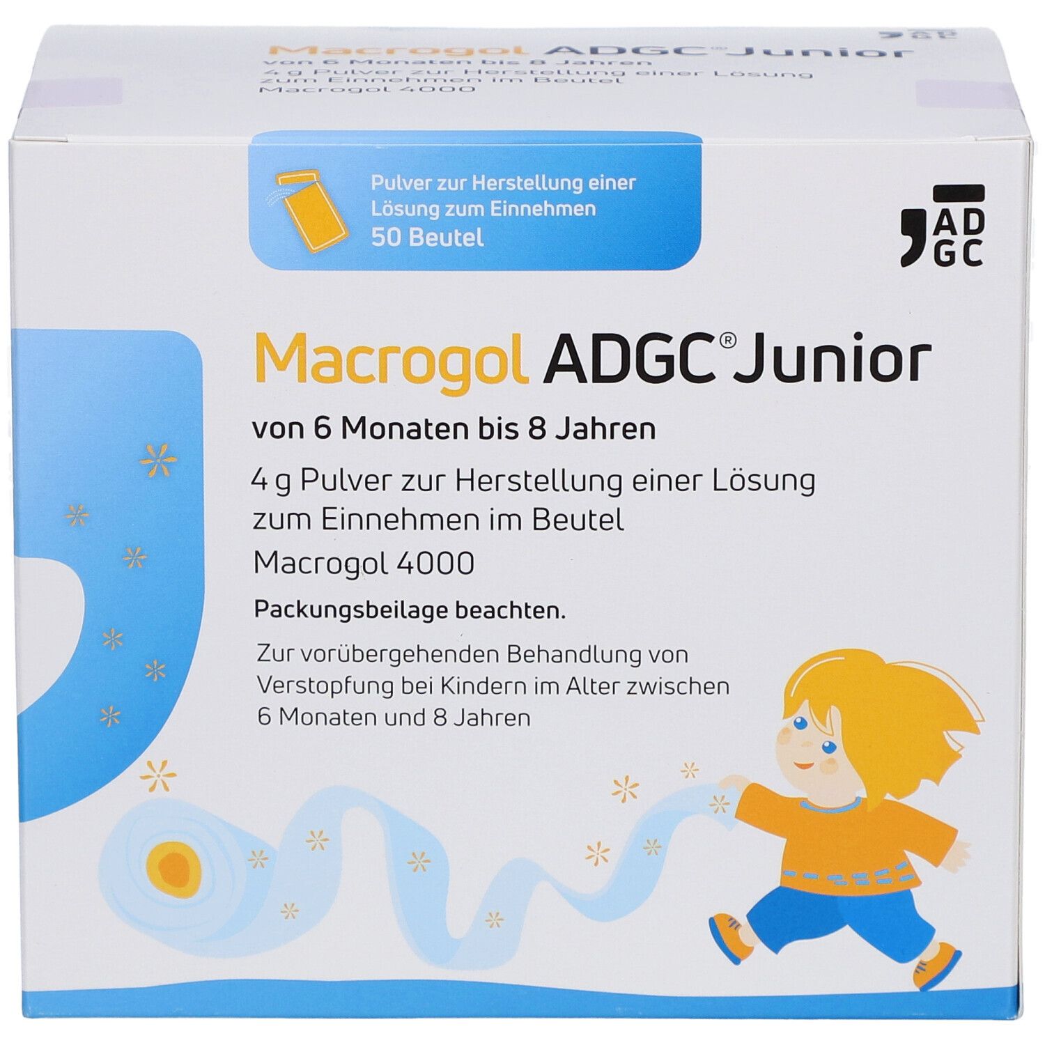 Schachtel mit MACROGOL ADGC Junior. Enthält 50 Beutel. Aufdruck mit Kind und Produktinformationen.