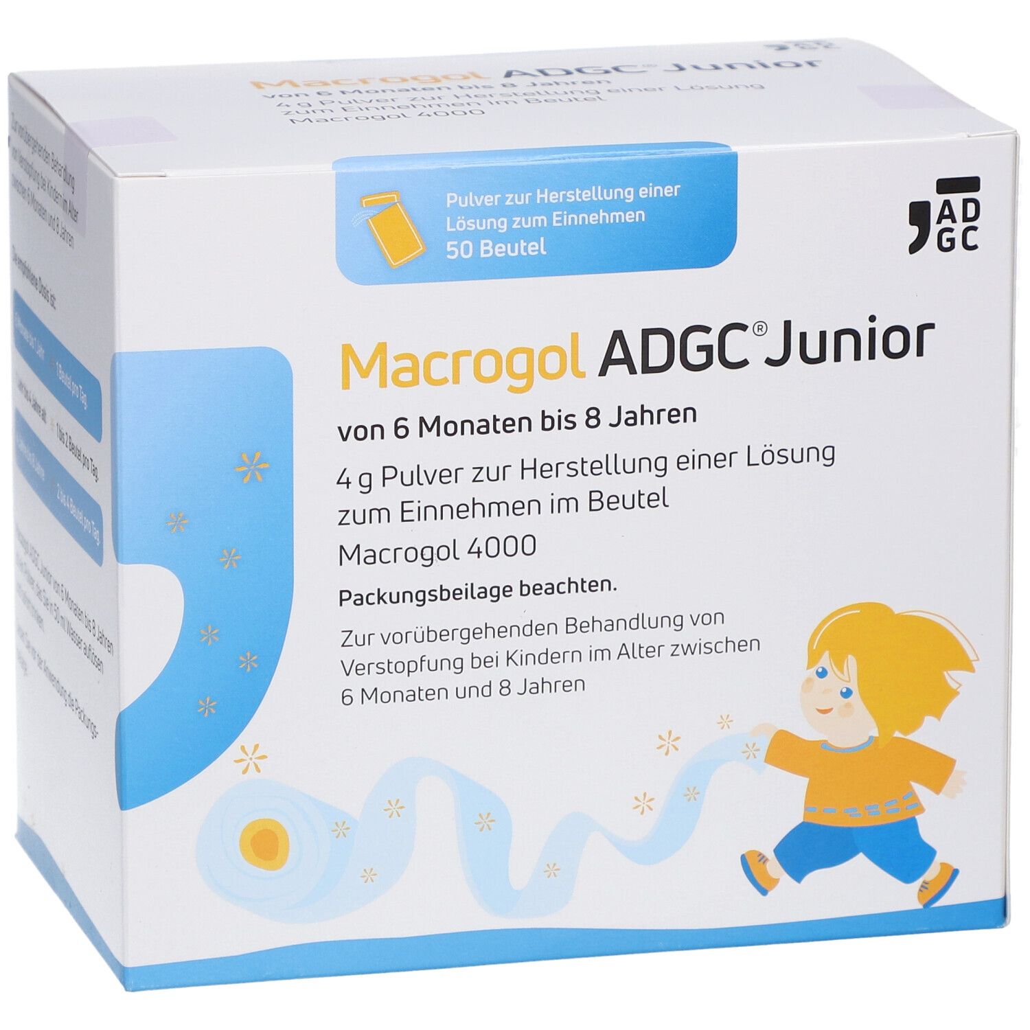 Schachtel mit MACROGOL ADGC Junior. Enthält 50 Beutel. Aufdruck mit Kind und Produktinformationen.